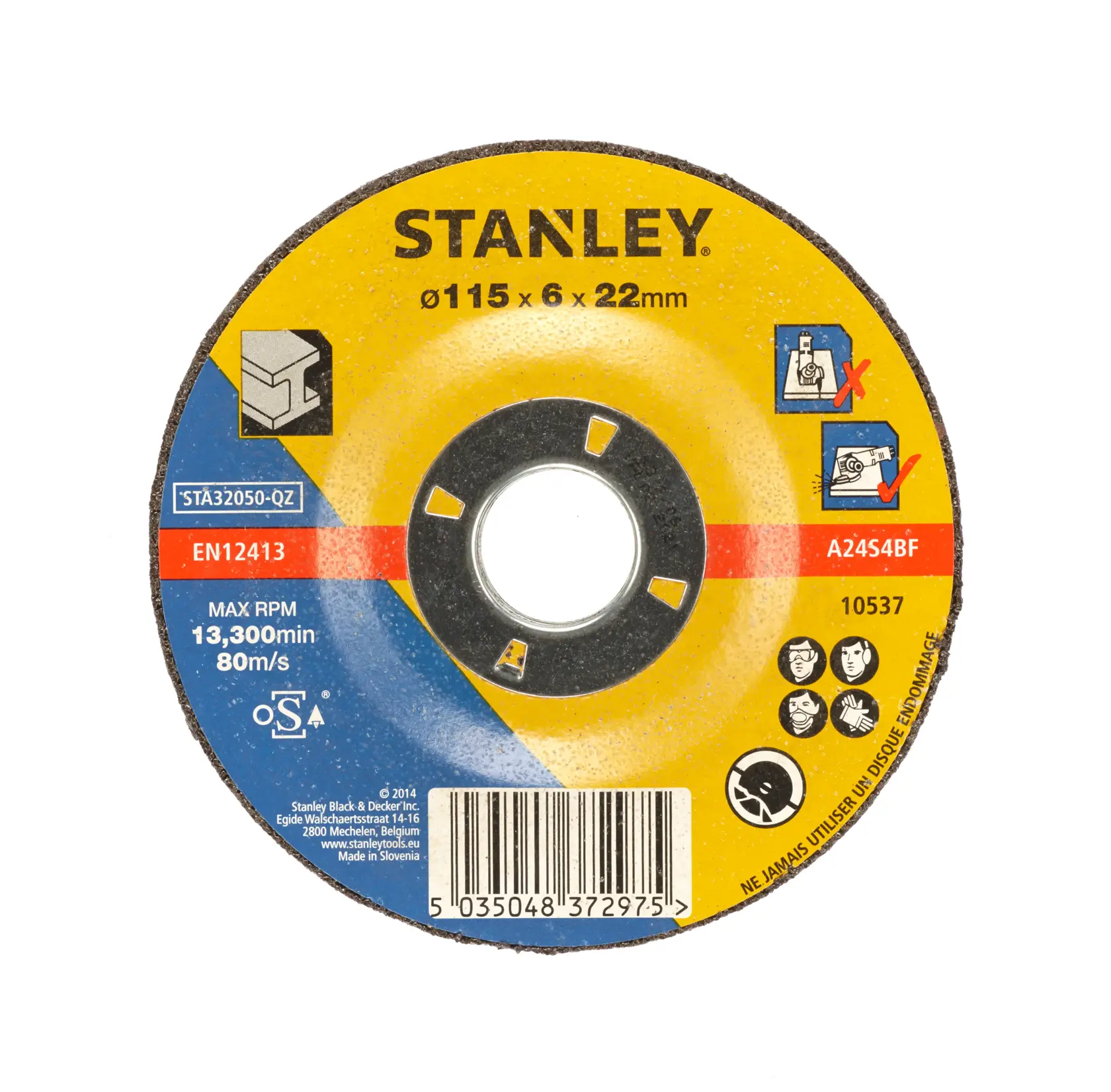 STANLEY STA32050 grinding disc, 115x6x22mm, yellow and blue, front view, safety and usage icons visible.