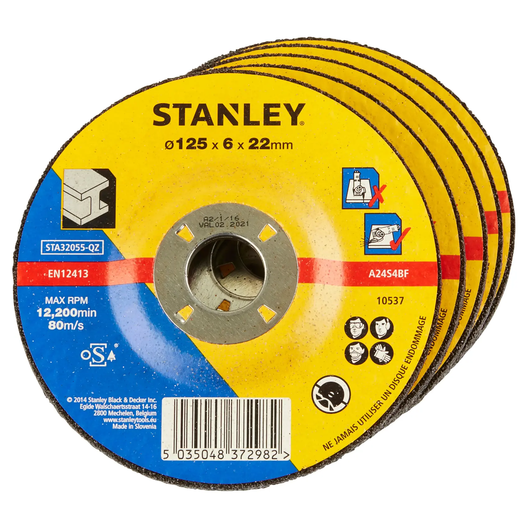 STANLEY STA32055 grinding discs set, yellow and blue, round abrasive wheels, product photo on white background.