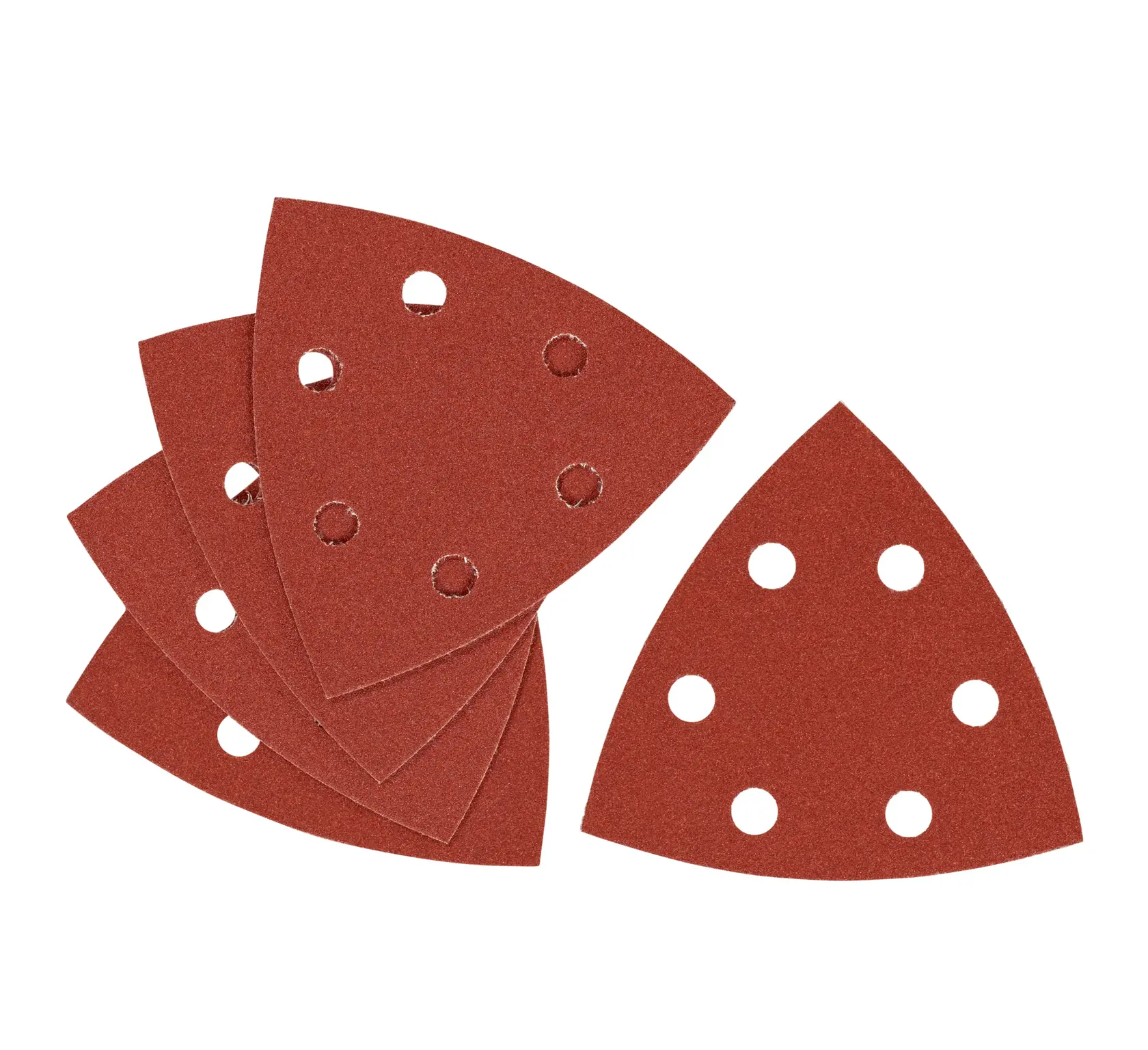STANLEY STA32377 sanding sheets, triangular, red, six holes, set of five, top view on white background.