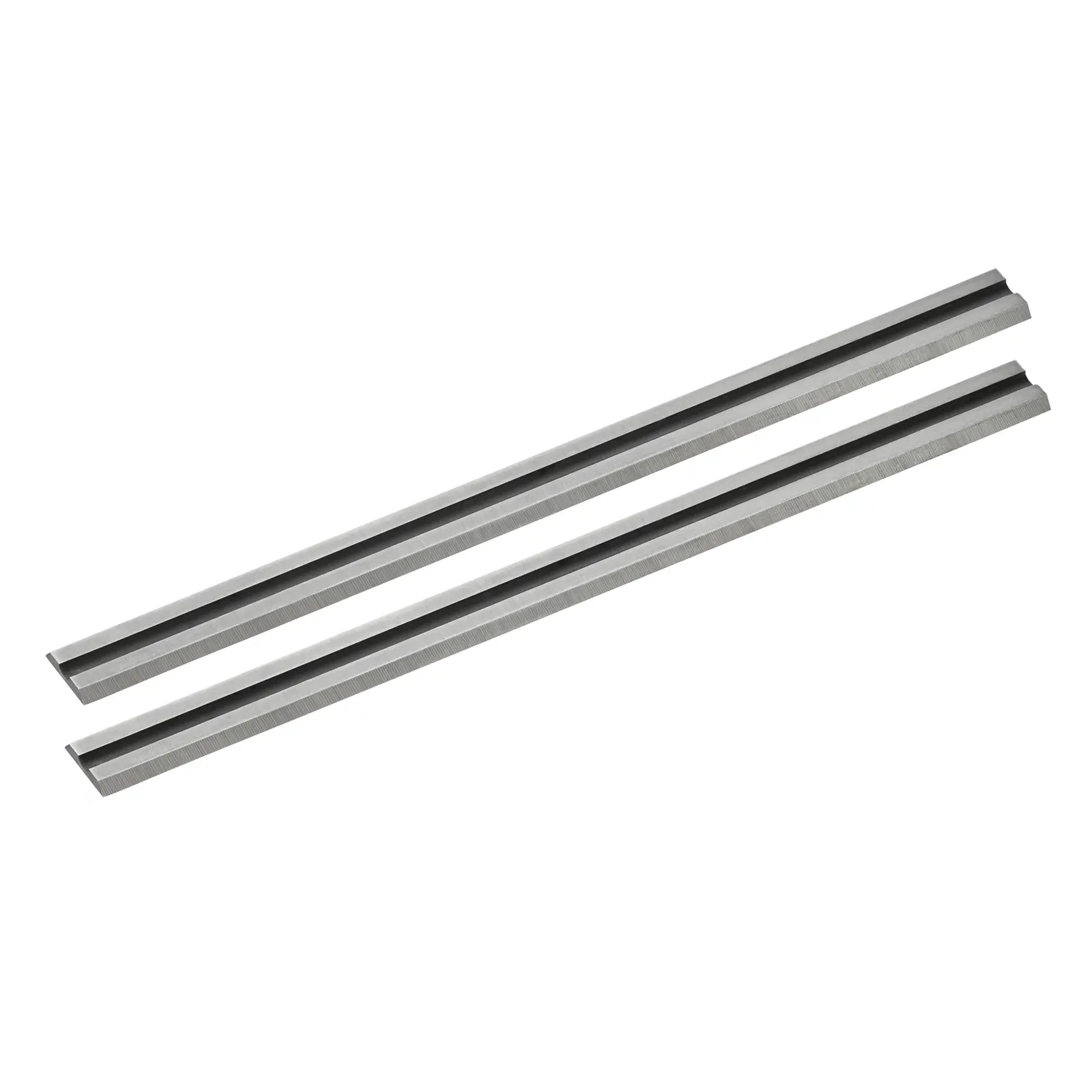 STANLEY STA35007 planer blades, set of two, silver metal, top view, on white background.