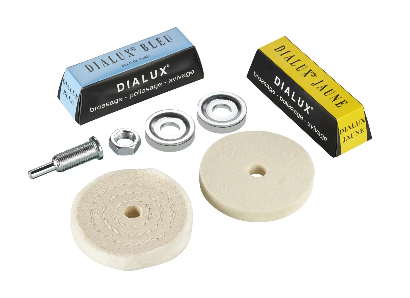 STANLEY STA37045 polishing kit with two buffing wheels, blue and yellow Dialux bars, spindle, washers, and nut, product top view.