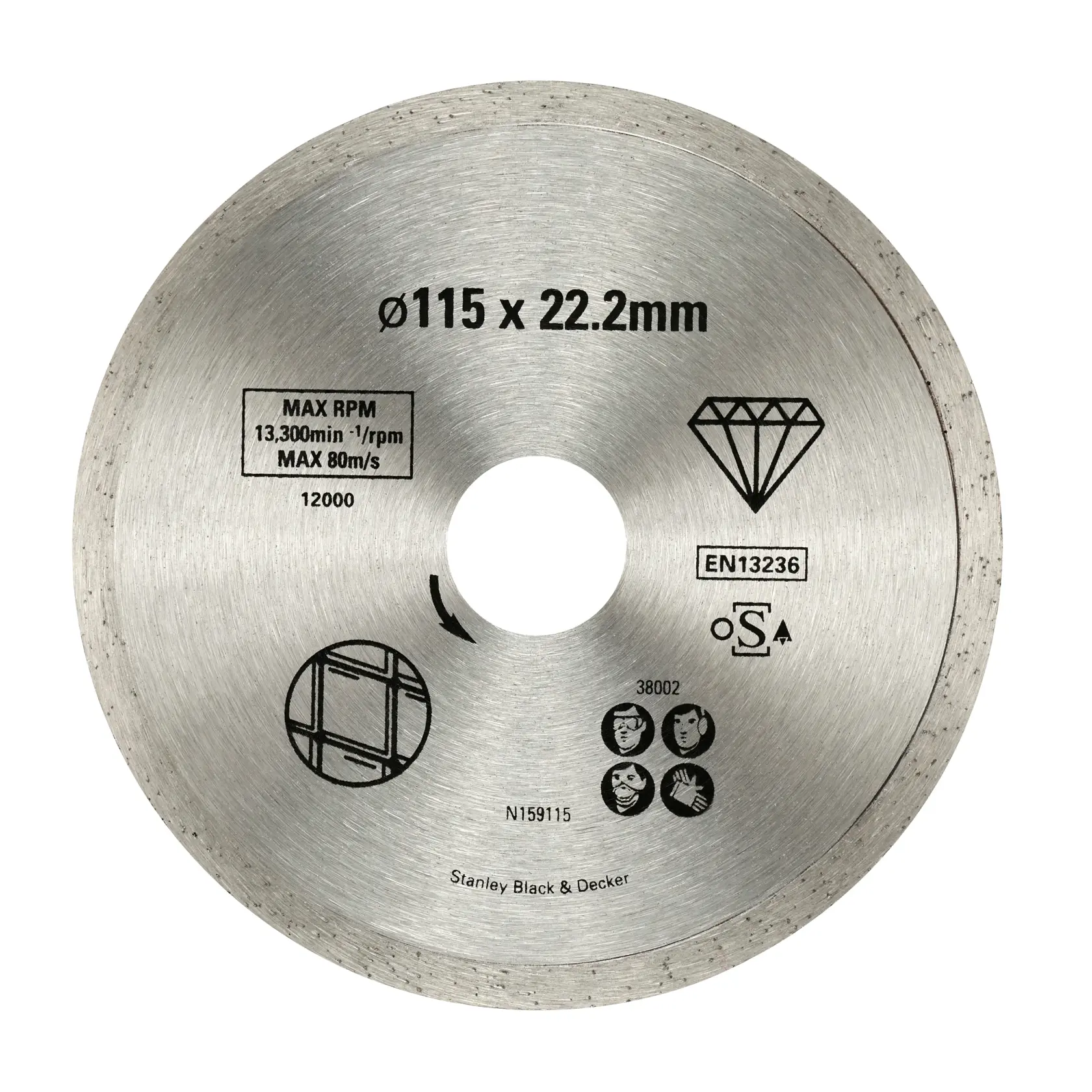 STANLEY STA38002 diamond cutting disc, 115mm diameter, silver color, front view on white background.