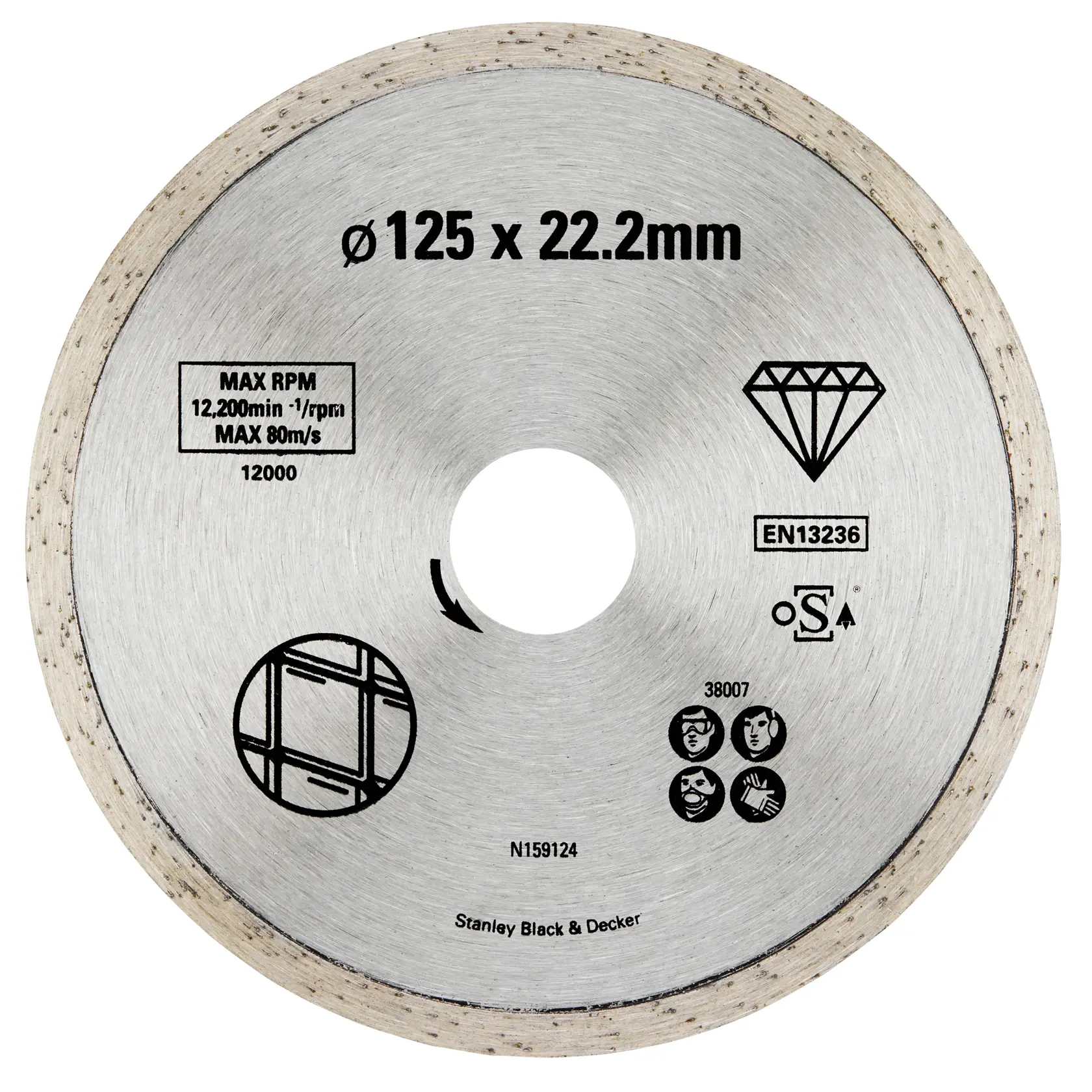 STANLEY STA38007 diamond cutting disc, 125 x 22.2 mm, silver metal, product top view on white background.