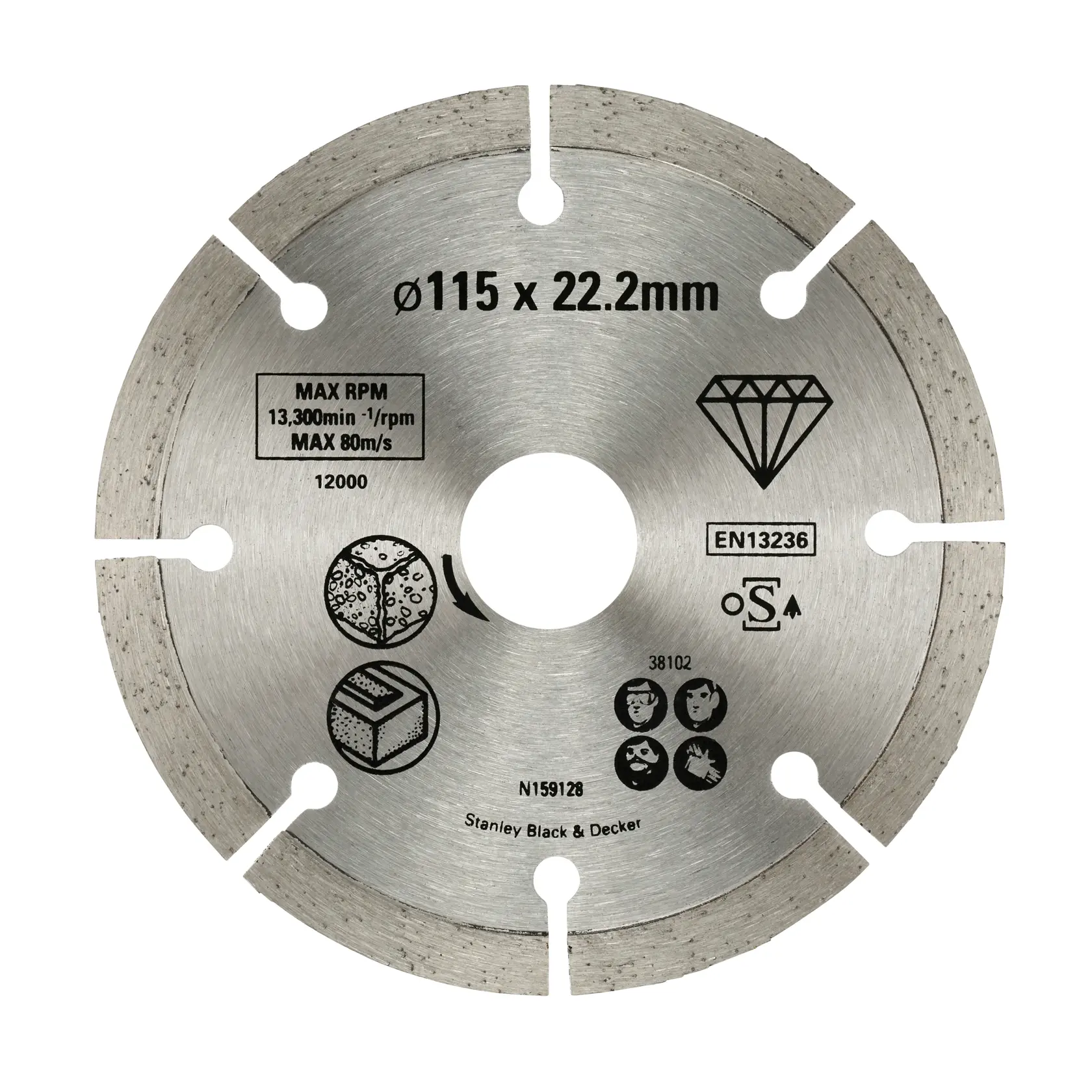 STANLEY STA38102 diamond cutting disc, silver, straight-on angle, 115x22.2mm for masonry and concrete.
