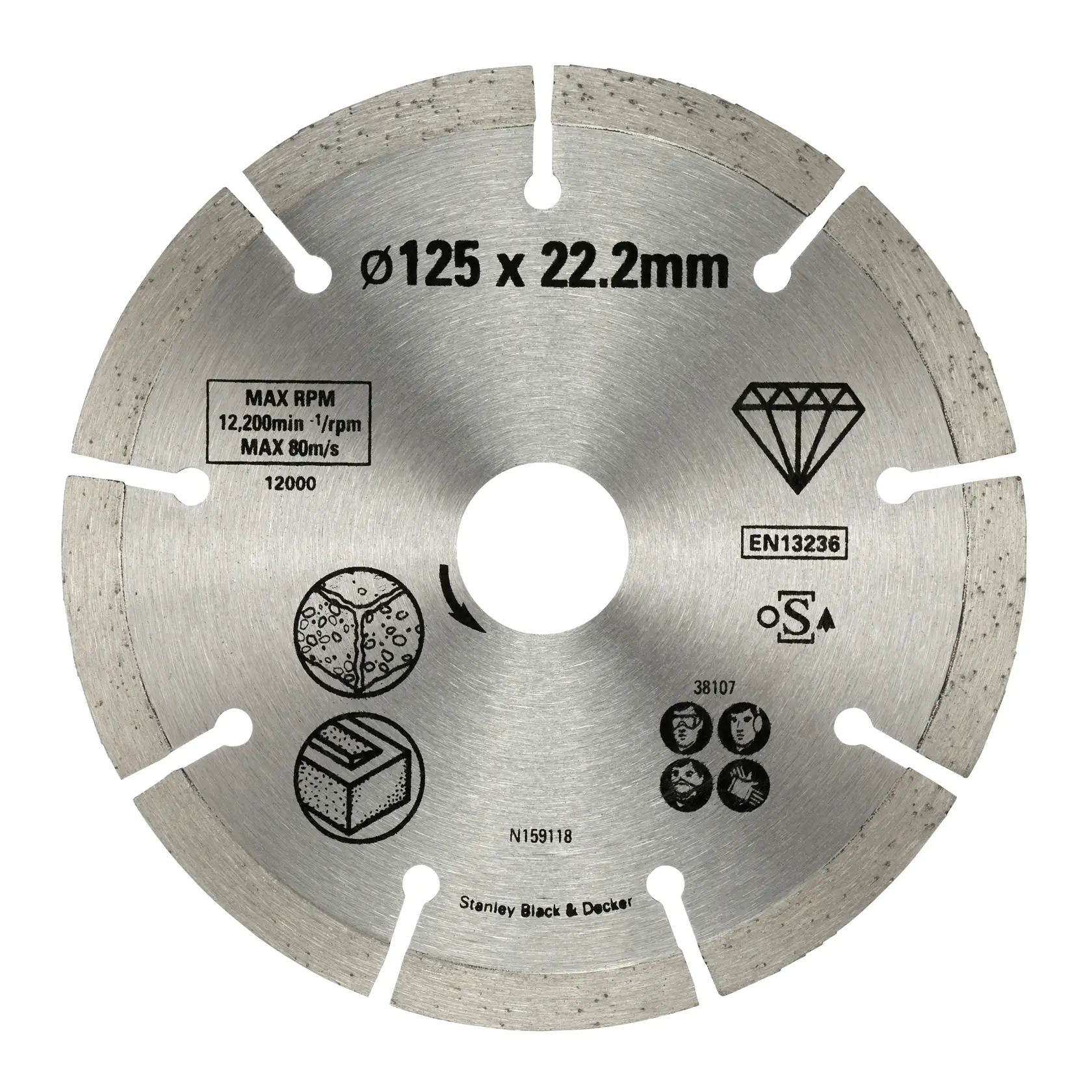STANLEY STA38107 diamond segmented circular saw blade, 125mm diameter, category: photography, front angle.