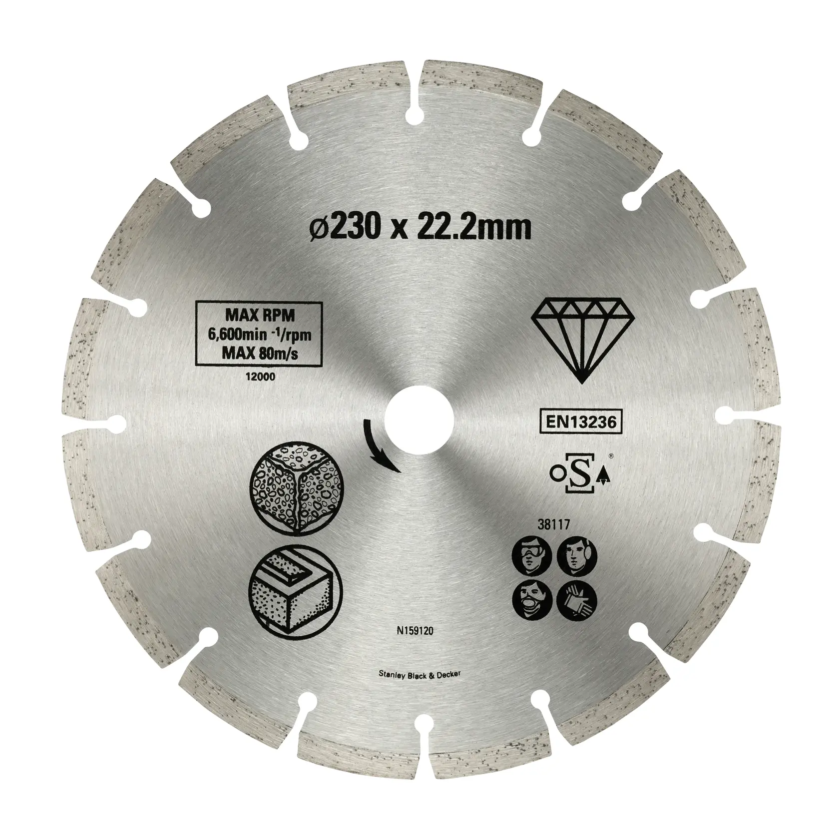 STANLEY STA38117 diamond segmented circular saw blade, 230 x 22.2mm, front view on white background.