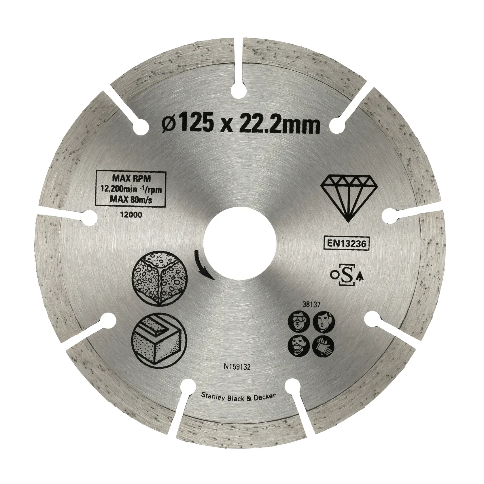 Photo of STANLEY STA38137 segmented diamond cutting disc, 125 x 22.2 mm, shown from front on white background.