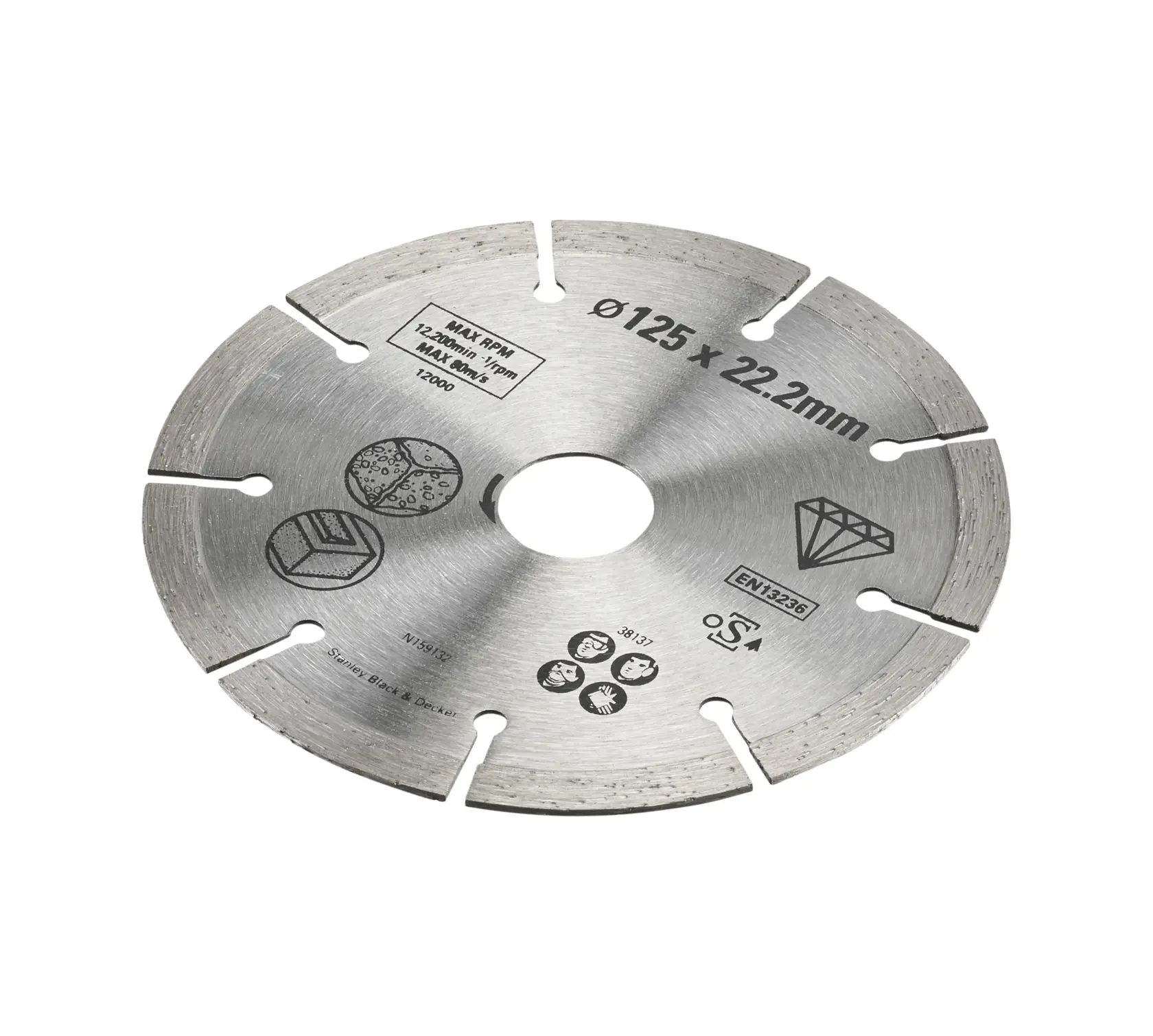 STANLEY STA38137 diamond cutting disc, 125 x 22.2 mm, silver, front angle on white background.
