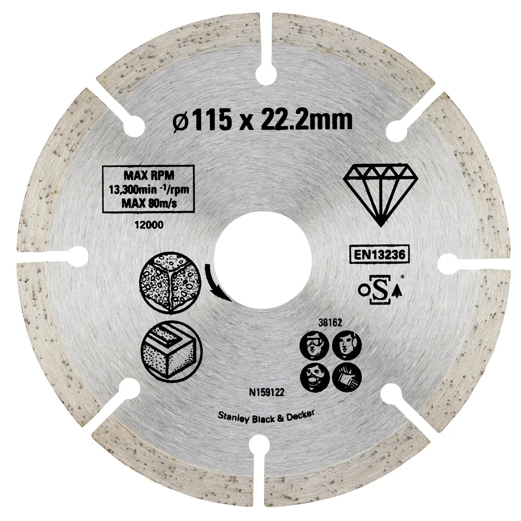 STANLEY STA38162 diamond cutting disc, 115 x 22.2mm, circular, segmented edge, silver, top view, for masonry.