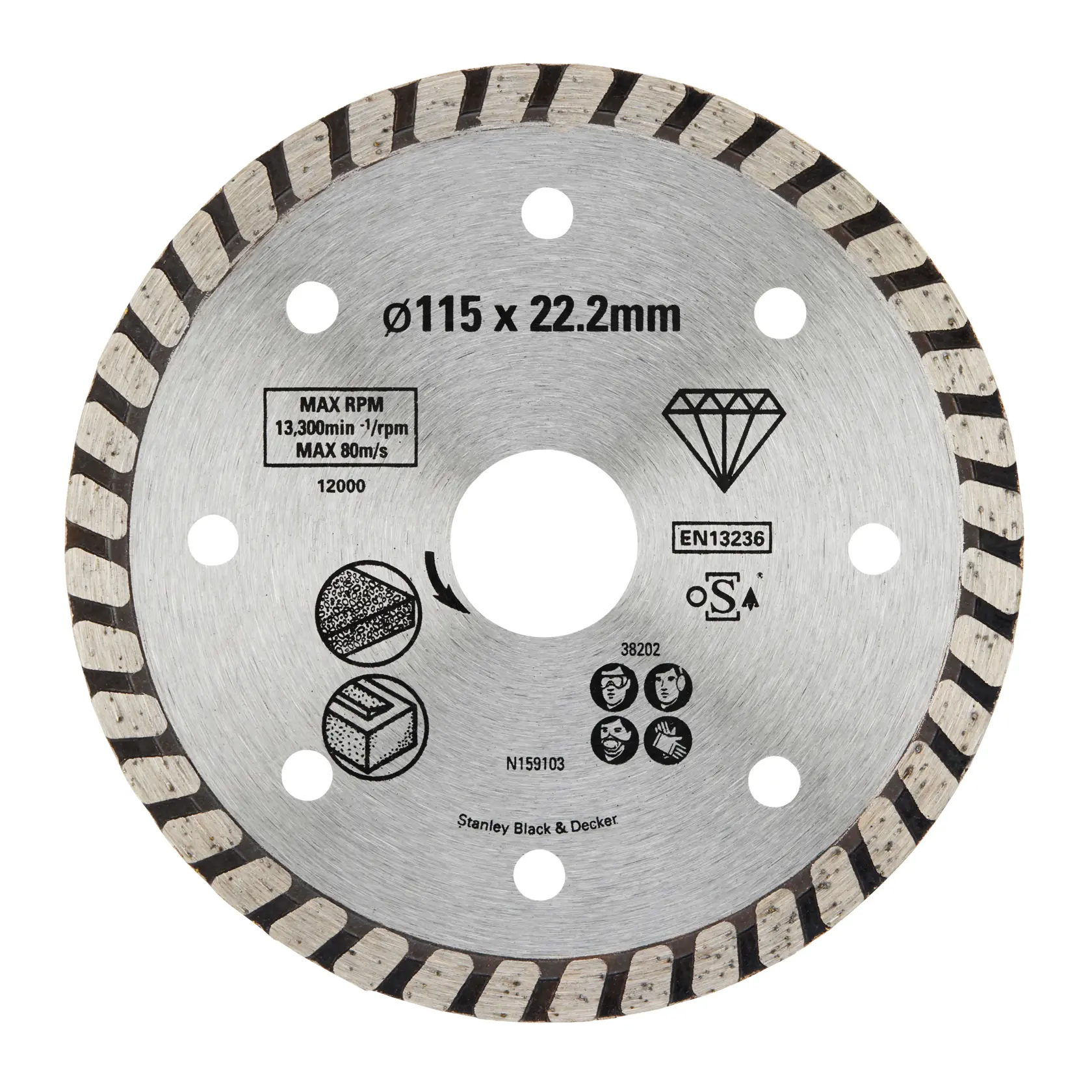 STANLEY STA38202 diamond cutting disc, 115 x 22.2mm, silver with notched edge, front view on white background.