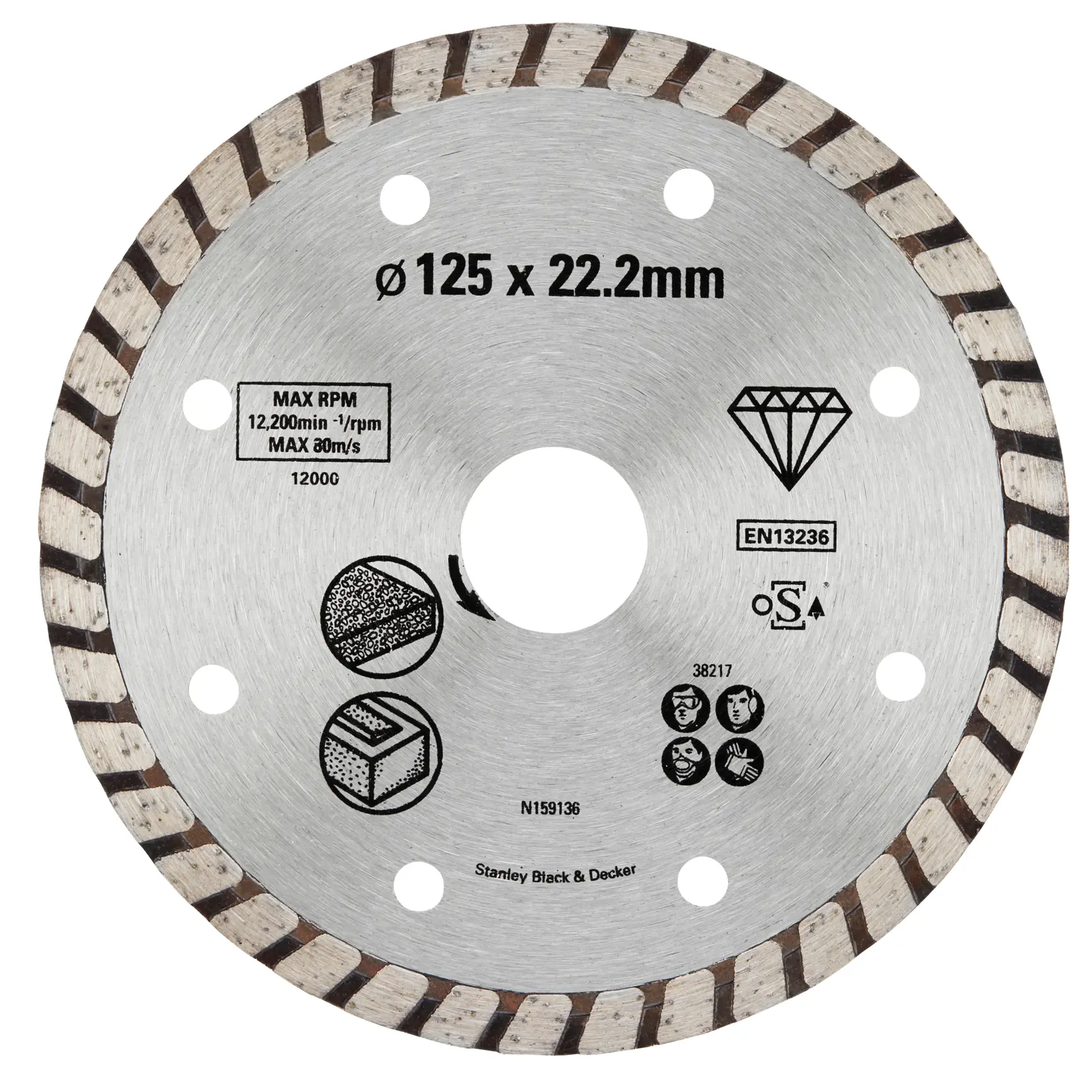 Photo of STANLEY STA38217 diamond cutting disc, 125 x 22.2mm, silver blade with segmented rim, top view on white background.