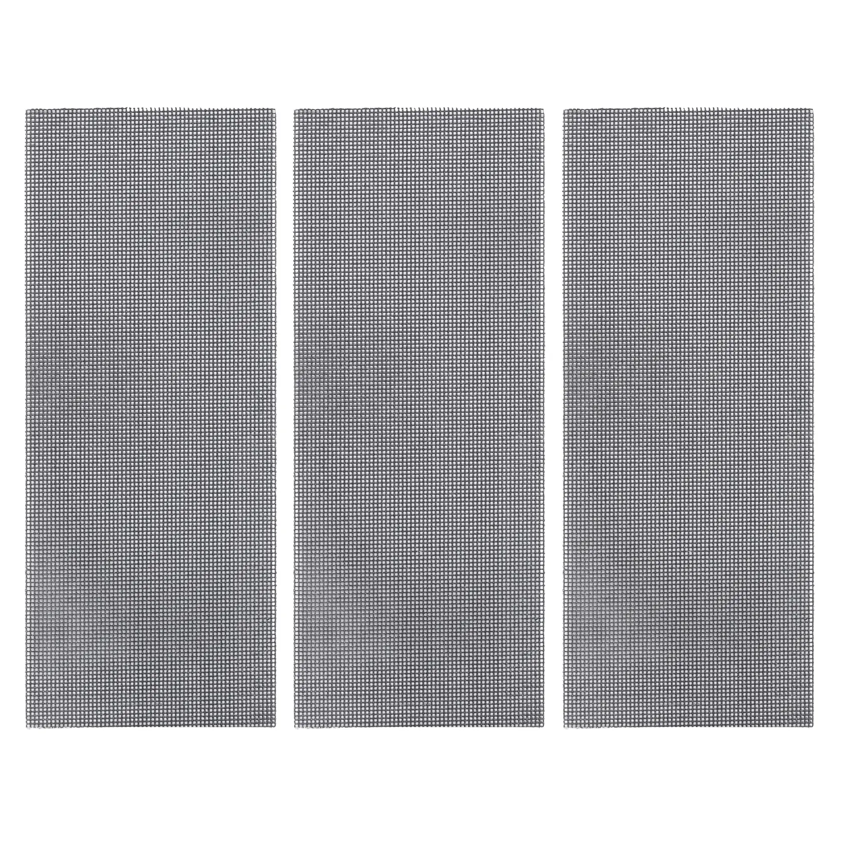 Photo of STANLEY STA39007 sanding mesh sheets, pack of three, rectangular, black-grey, top view, on white background.