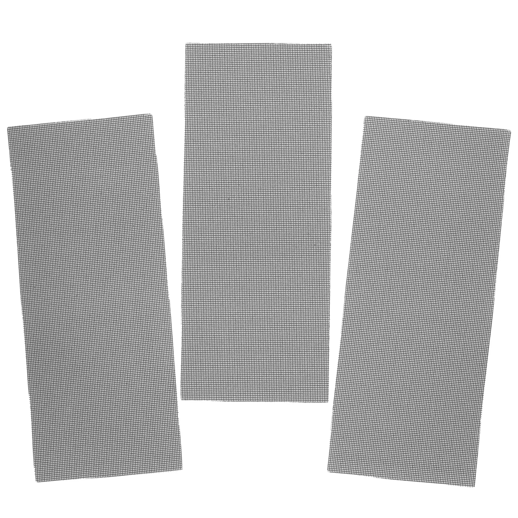 STANLEY STA39012 rectangular mesh sanding sheets, set of three, gray, top view on white background.