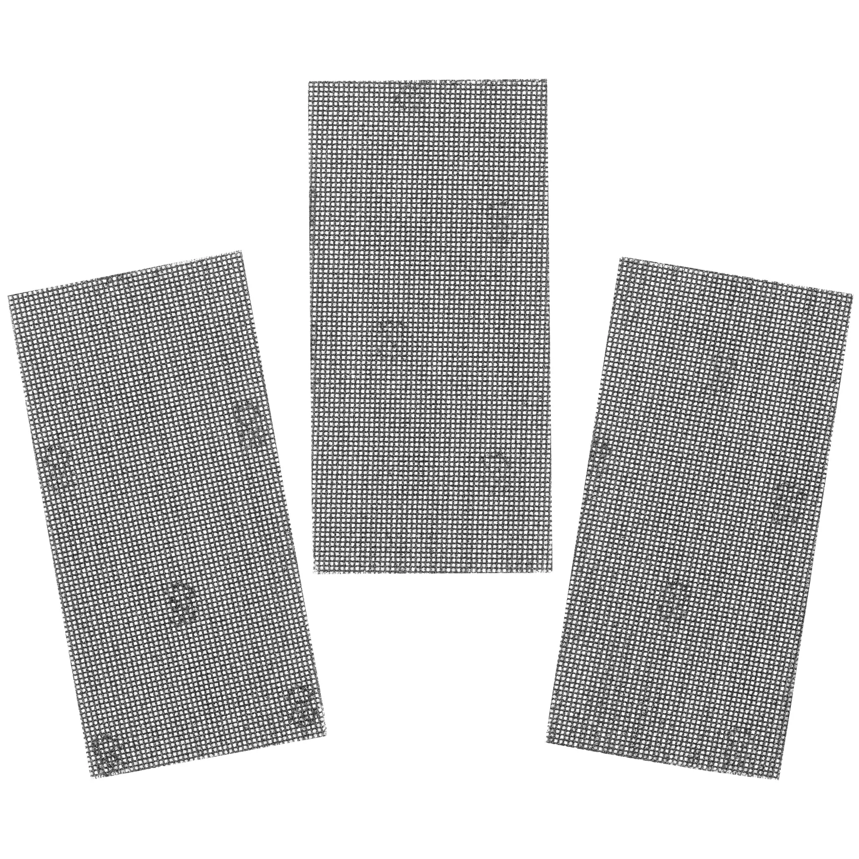 STANLEY STA39032 abrasive mesh sheets, product photography, front angle, three rectangular black sheets.
