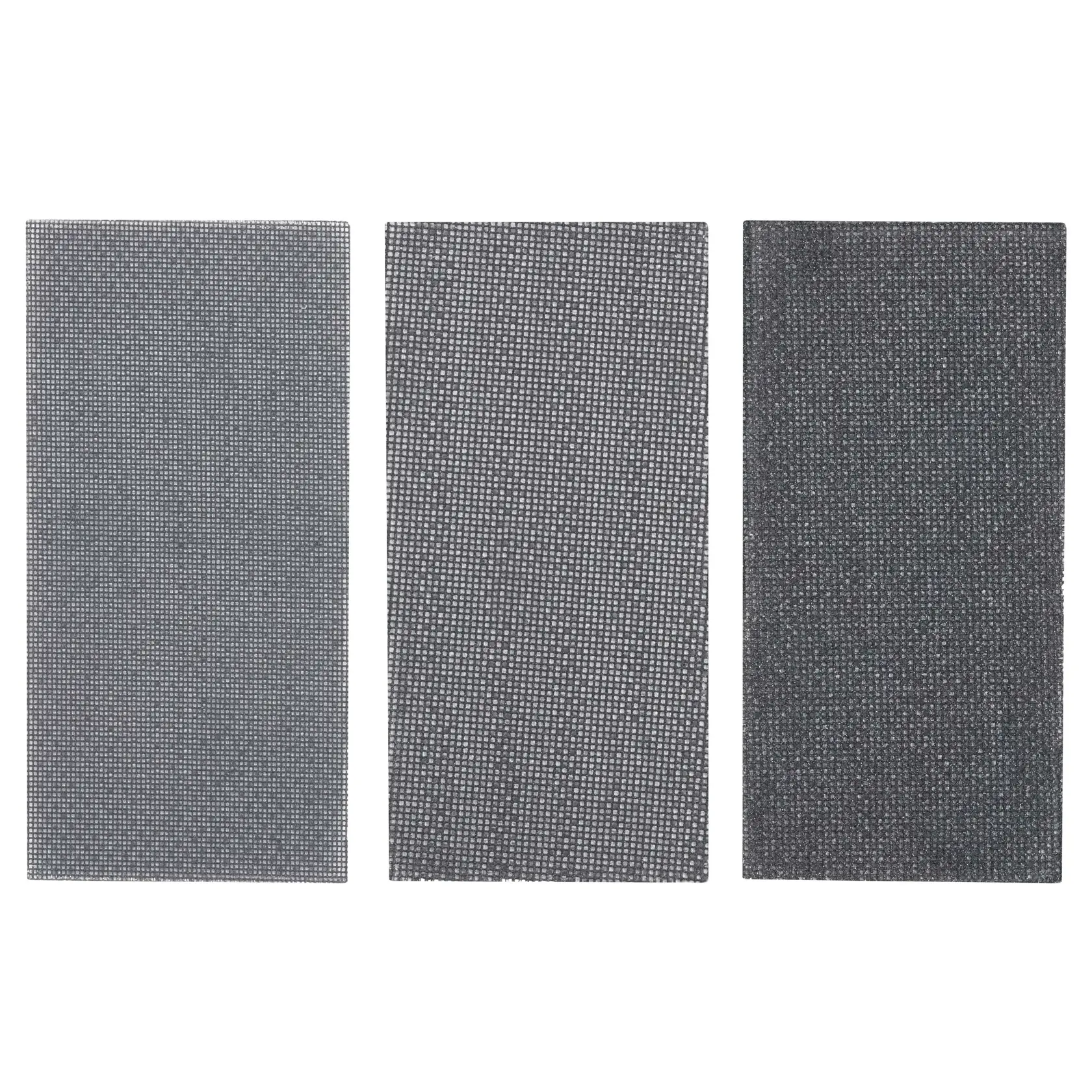 STANLEY STA39047 photography of three rectangular gray mesh sanding sheets, top view, white background.