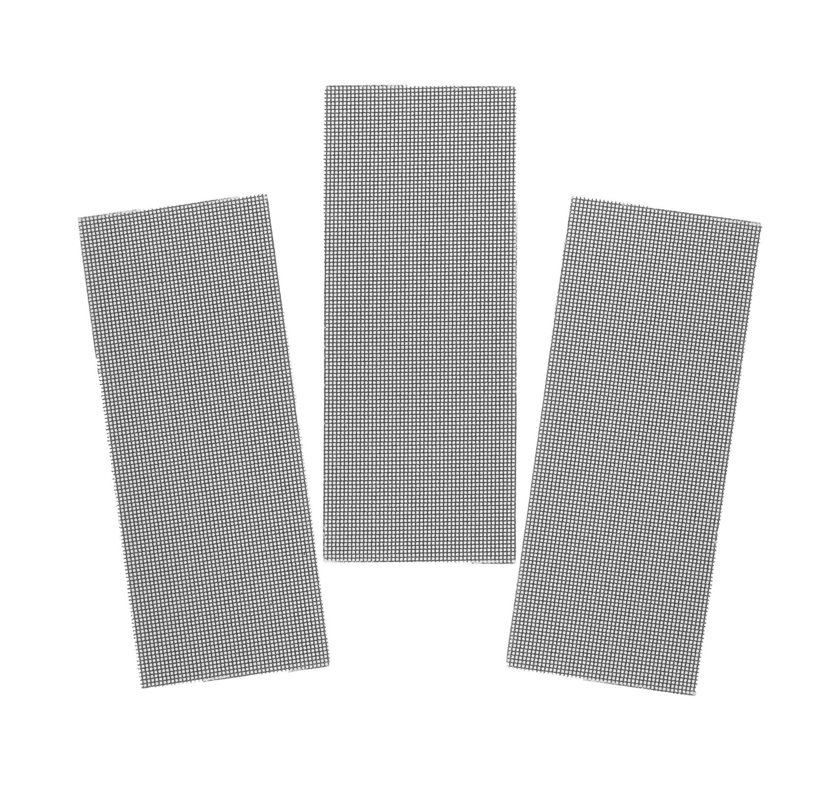 STANLEY STA39057 three rectangular mesh sanding sheets, black, top view, on white background, photography product.