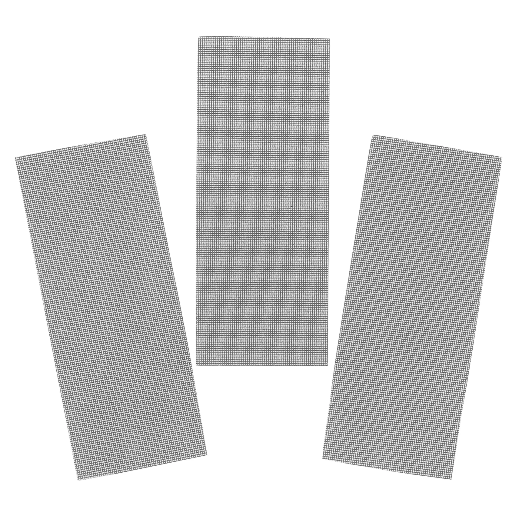 Photo of three rectangular STANLEY STA39062 sanding mesh sheets, black grid pattern, top view on white background.