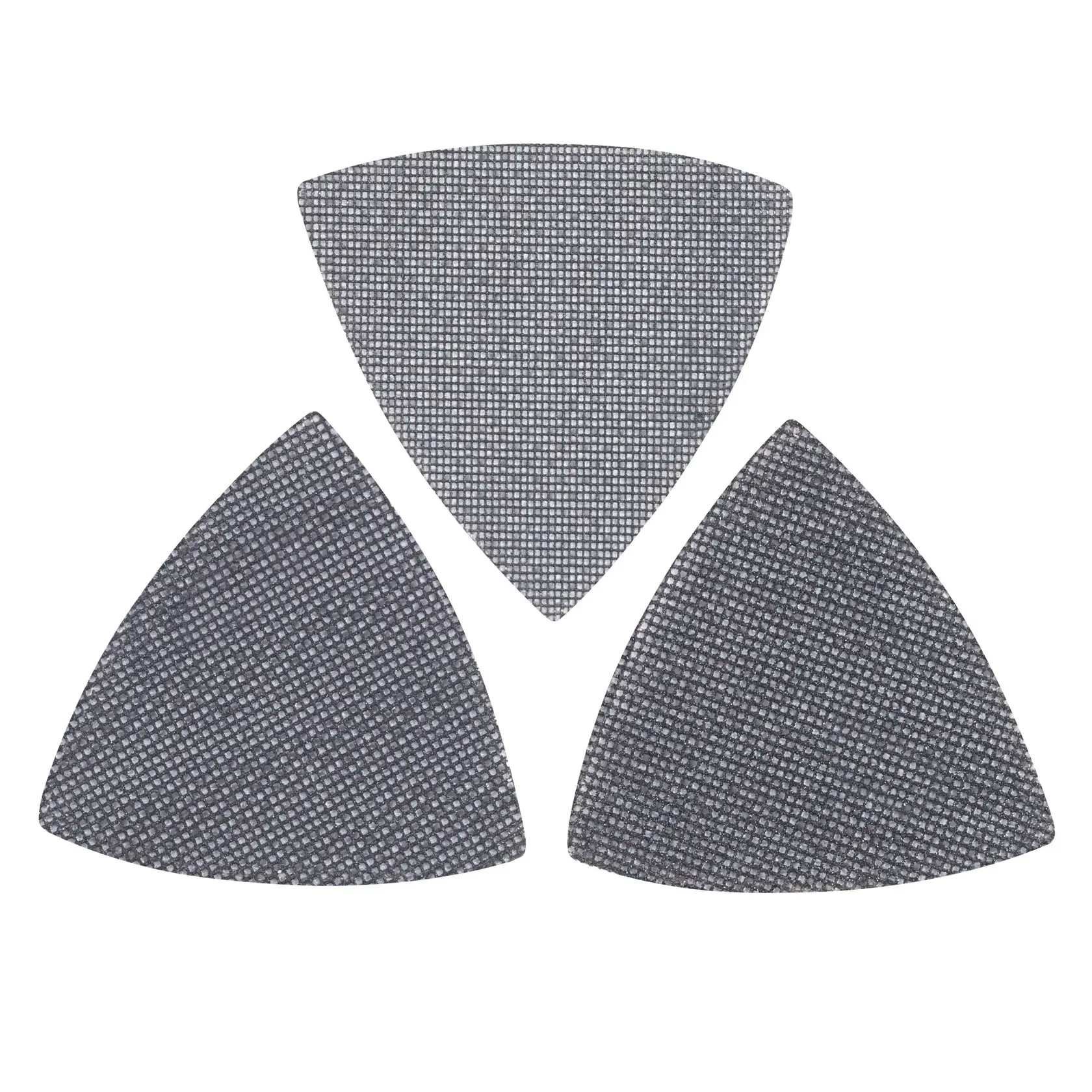 STANLEY STA39197 sanding mesh pads, set of three, grey, photographed from above on white background.