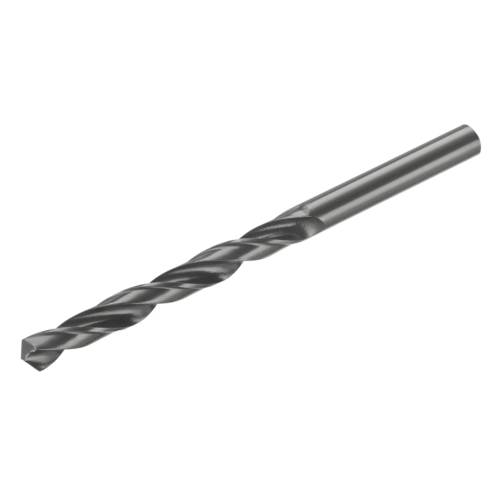 STANLEY STA50075 metal twist drill bit, side angle, gray finish, photography on white background.