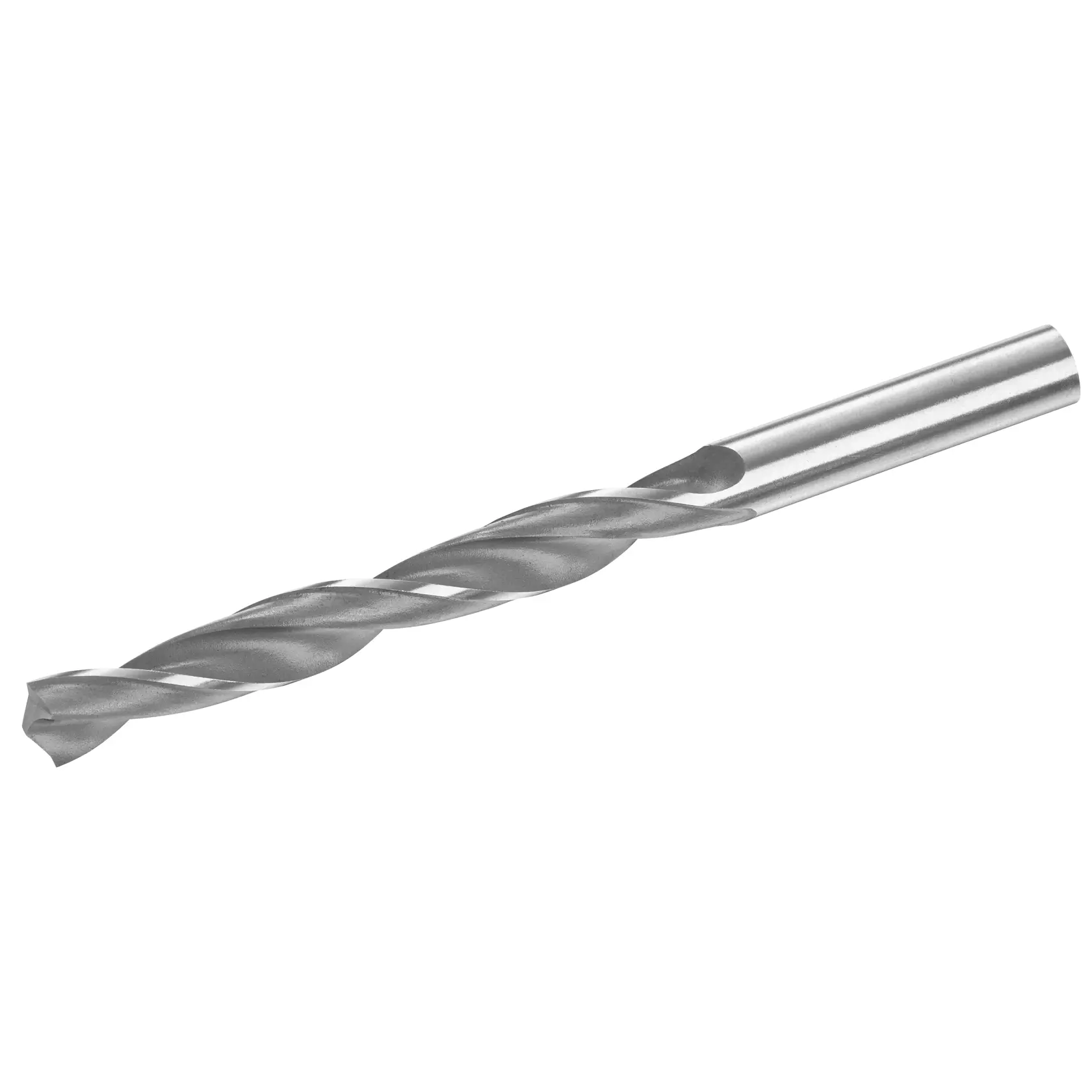STANLEY STA50726 metal twist drill bit, side angle, silver color, photography on white background.