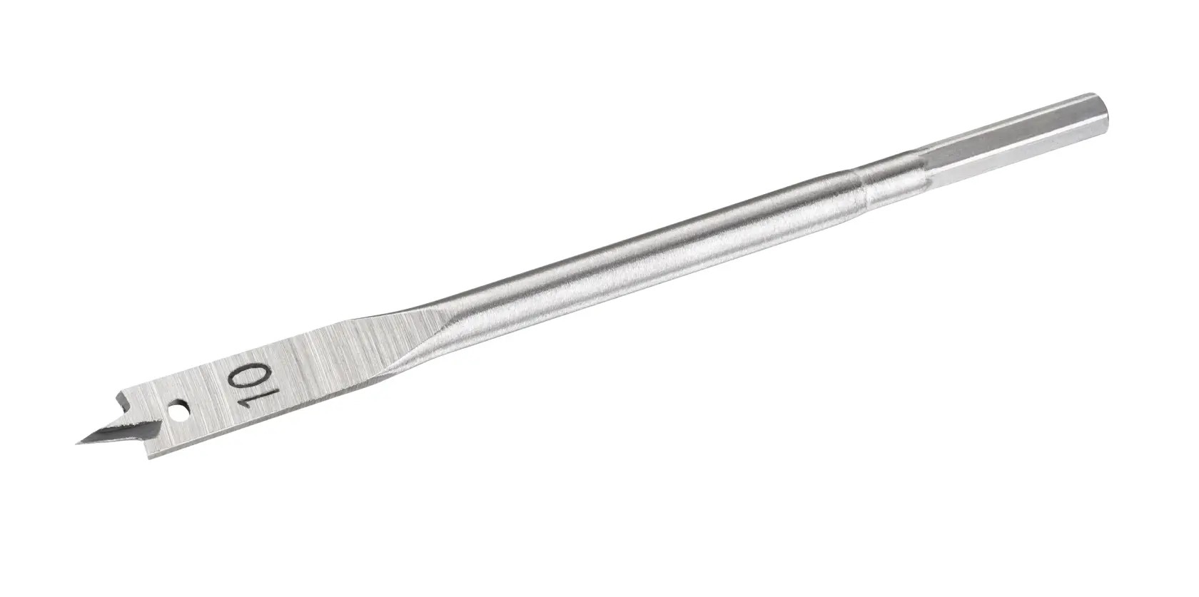 Flat metal spade drill bit marked 10, used for drilling holes in wood and other materials.