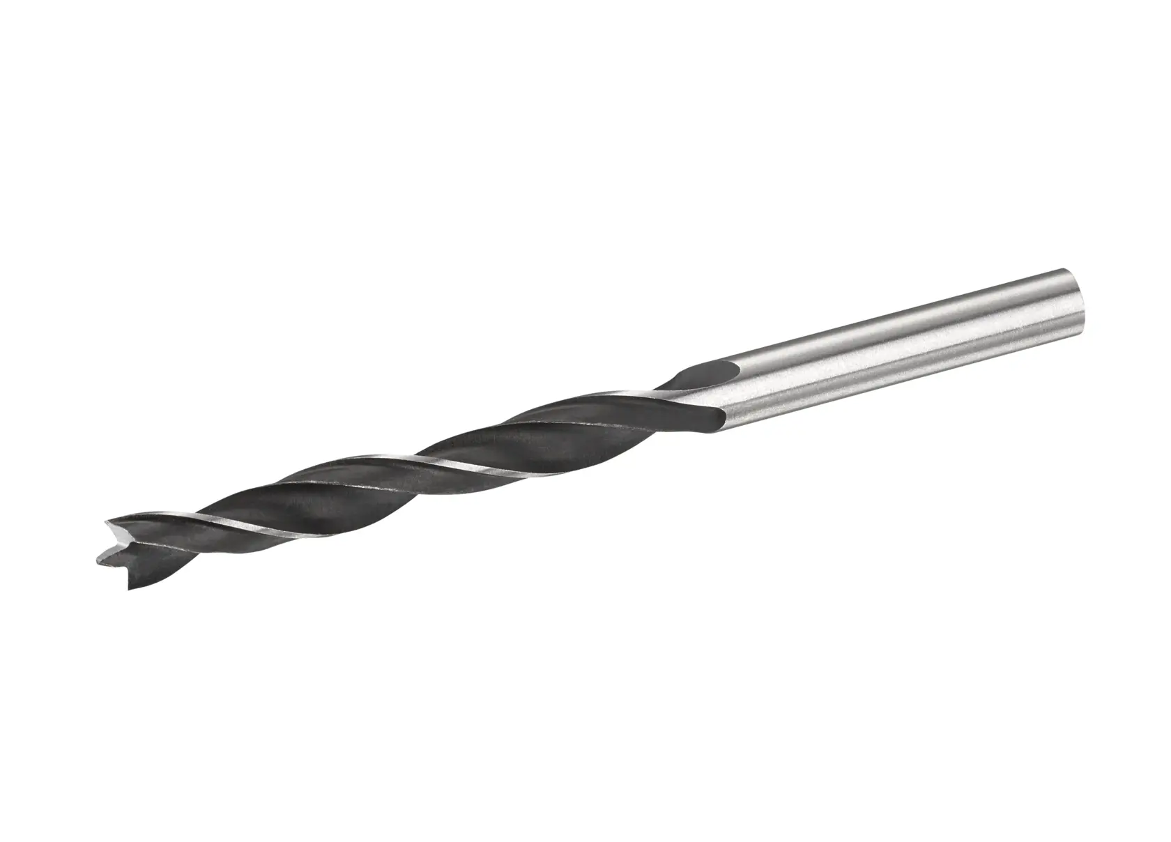 STANLEY STA52031 wood drill bit with black spiral and silver shank, side angle, on white background.
