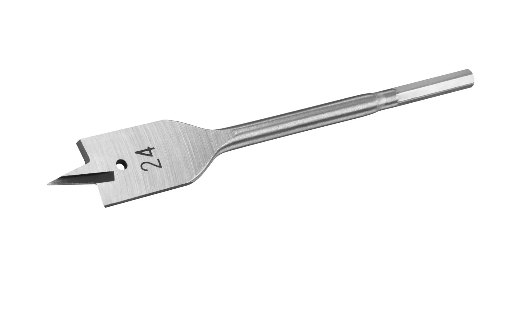 Photo of STANLEY STA52045 flat wood spade drill bit, silver color, side angle on white background.