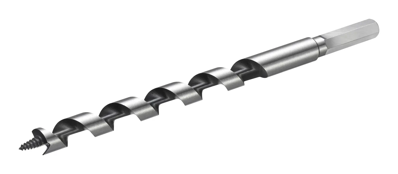 STANLEY STA52100 auger drill bit, silver metal, side view, photography on white background.