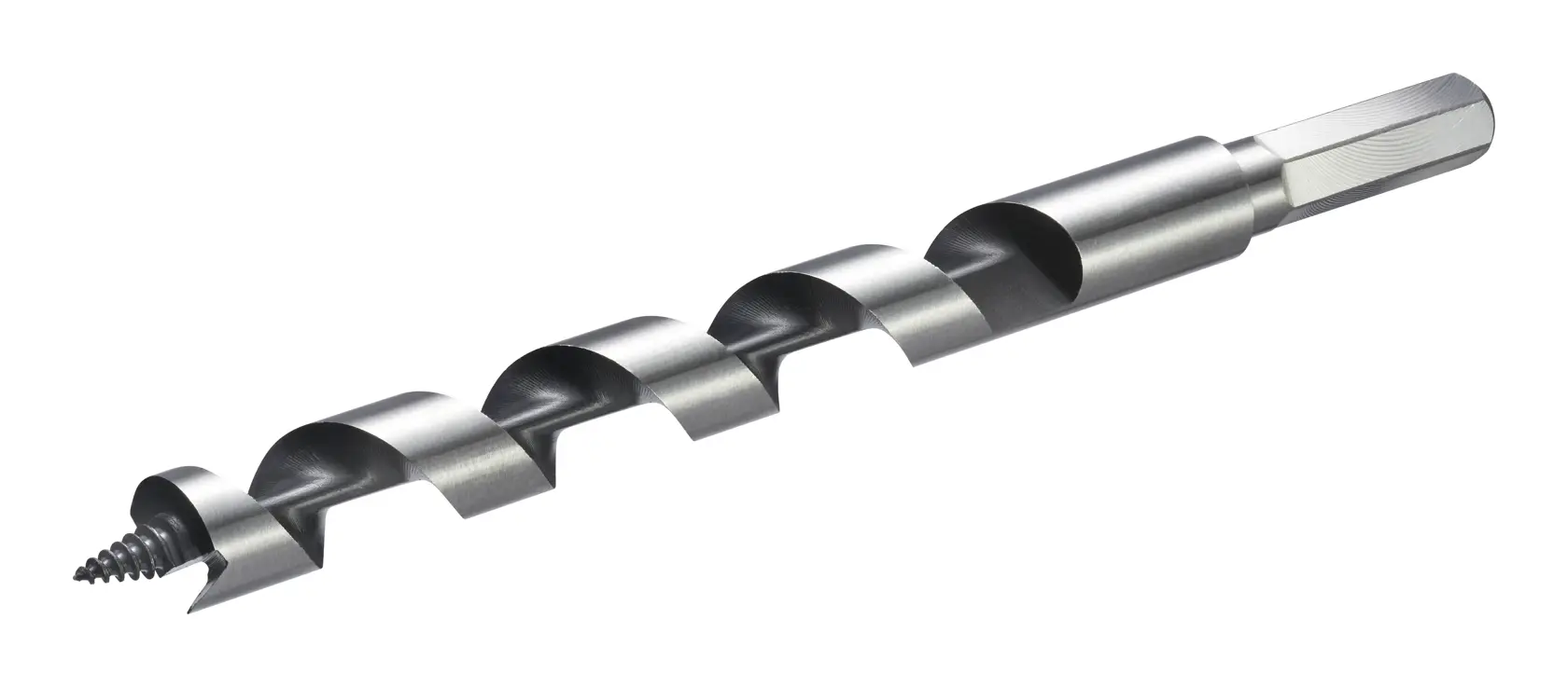 STANLEY STA52110 auger drill bit with hex shank, spiral flute, silver, side angle on white background.