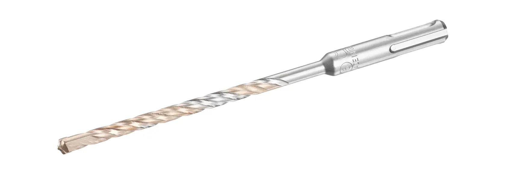 Photo of STANLEY STA54522 SDS-plus masonry drill bit, silver and gold, side angle, tool category.