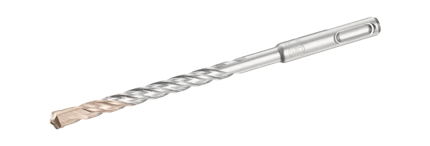 STANLEY STA54526 silver and gold SDS-plus masonry drill bit, side angle, isolated on white background.