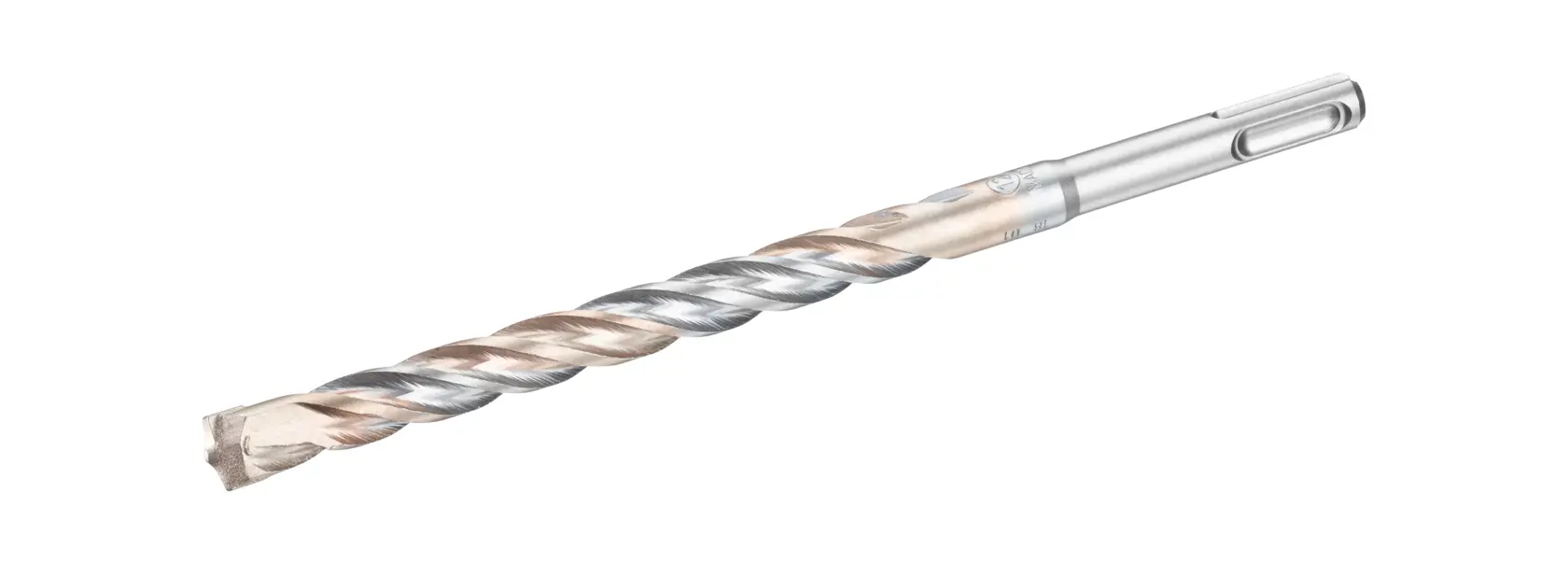 STANLEY STA54542 SDS masonry drill bit side view, silver and bronze twisted shaft on white background.