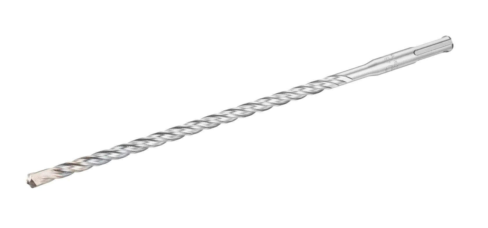 Photo of STANLEY STA54561 silver masonry drill bit, side angle, with spiral fluting and SDS shank.