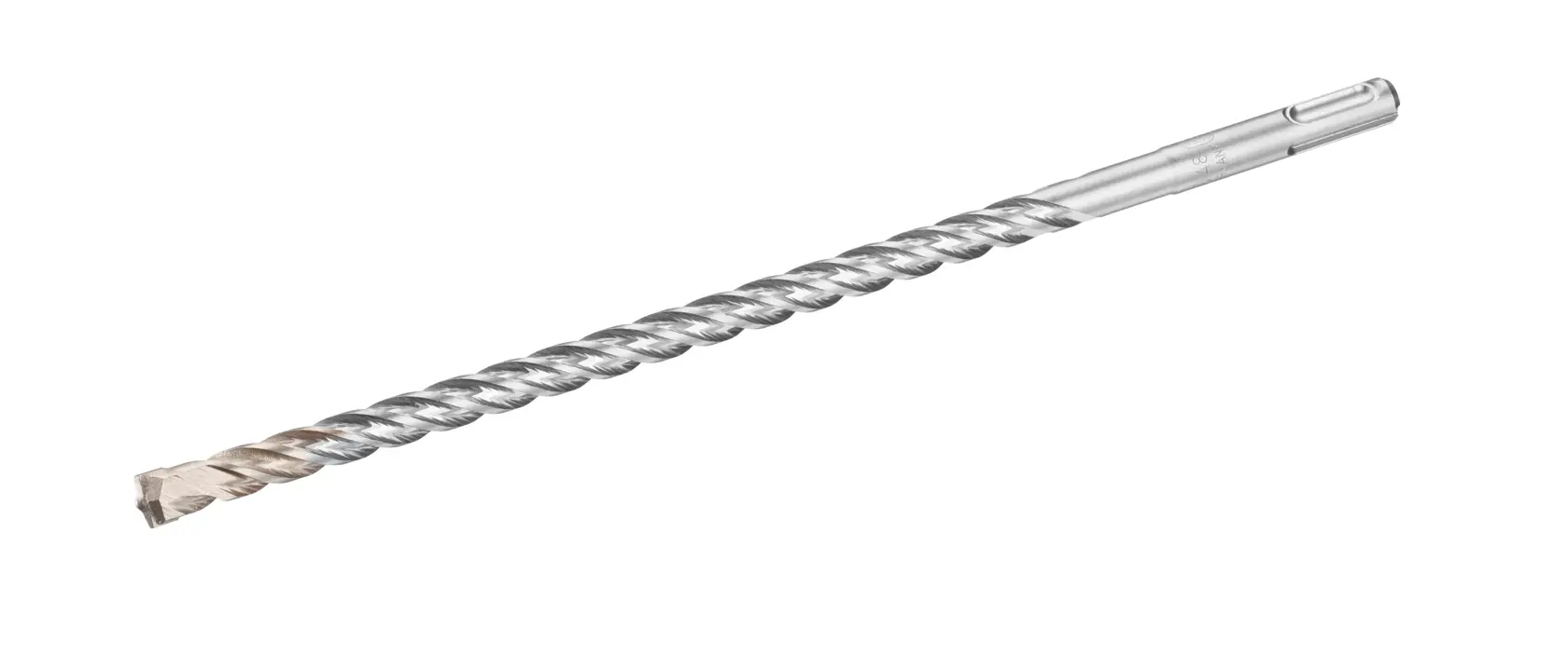 Photo of STANLEY STA54563 silver masonry drill bit with spiral flute, side angle, on white background.