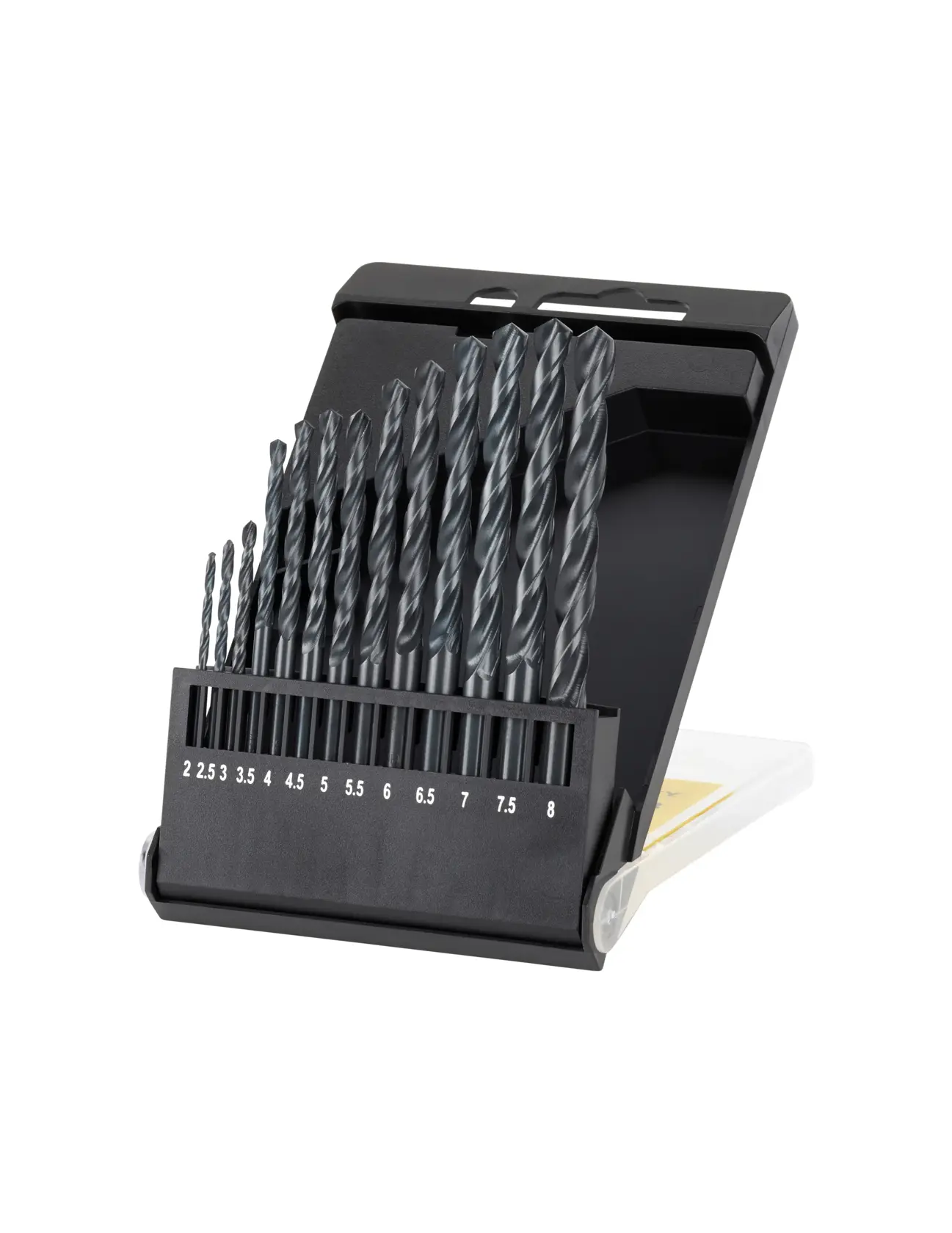 STANLEY STA56020 drill bit set in black metal case, multiple sizes, front angle on white background.