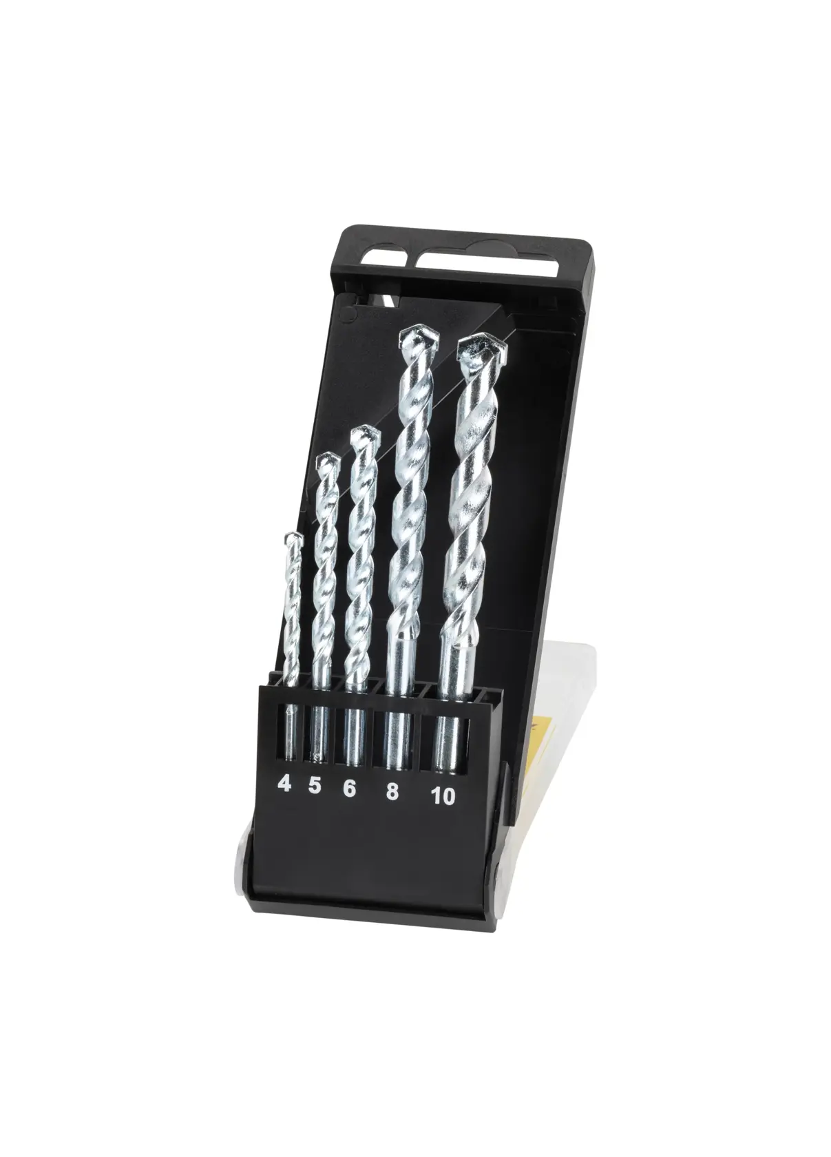 STANLEY STA56035 drill bit set in black case, five silver bits, front angle on white background.