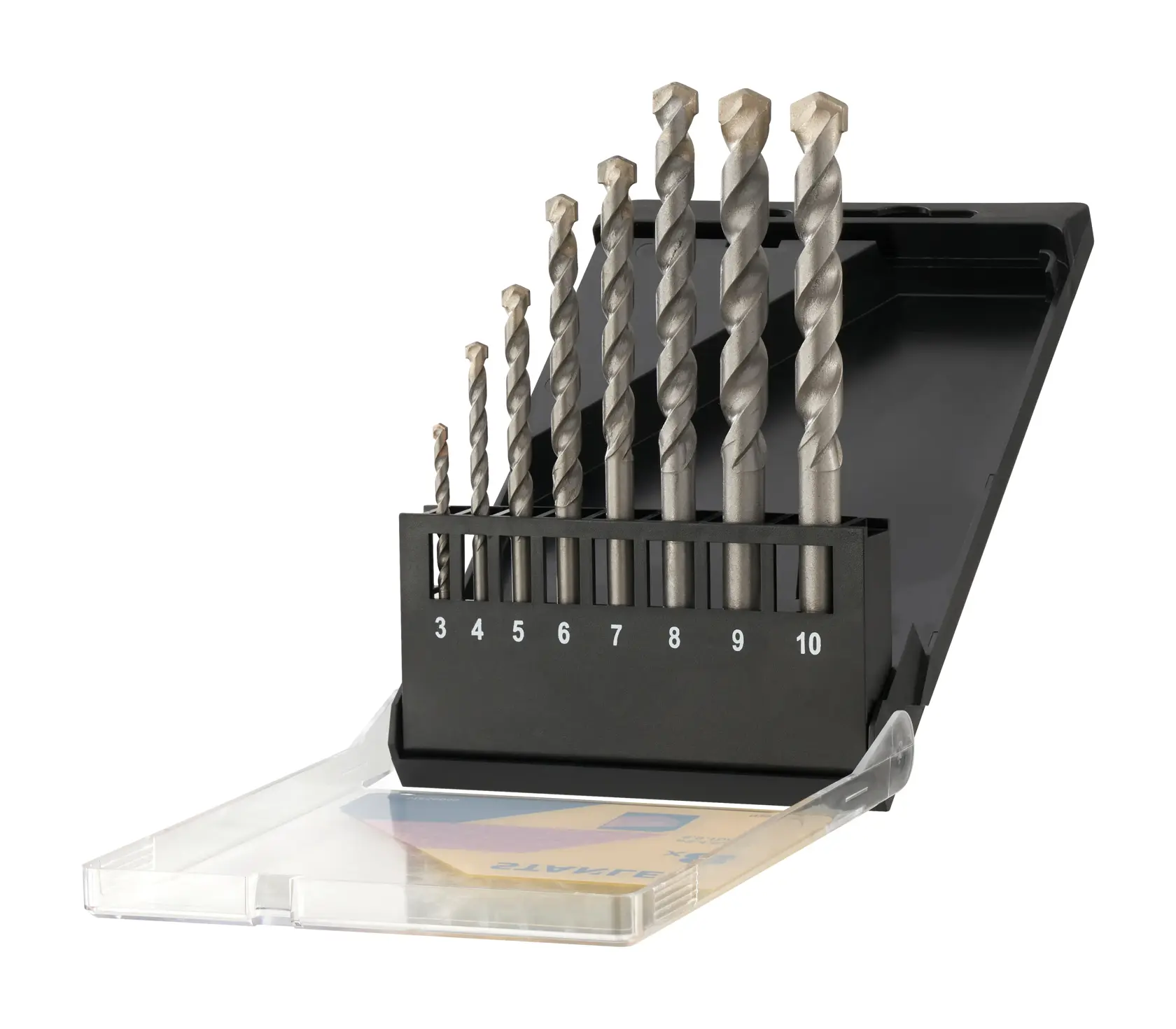 STANLEY STA56040 masonry drill bit set in black plastic case, open at an angle, showing bits size 3 to 10 mm.