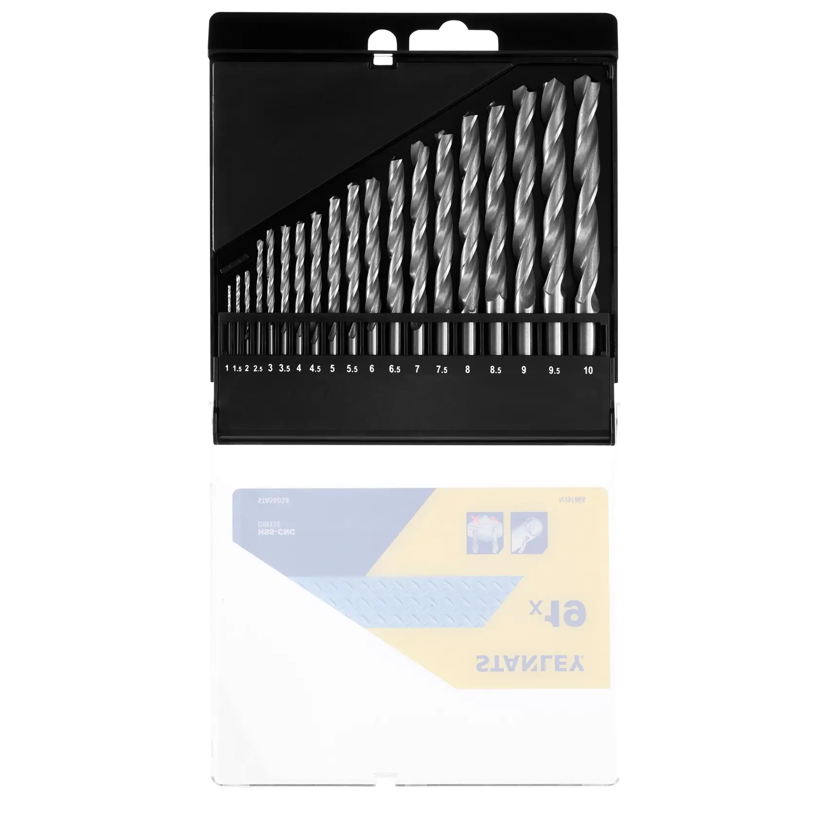 STANLEY STA56058 drill bit set in black plastic case, 1.5 to 10 mm bits, top-down view.