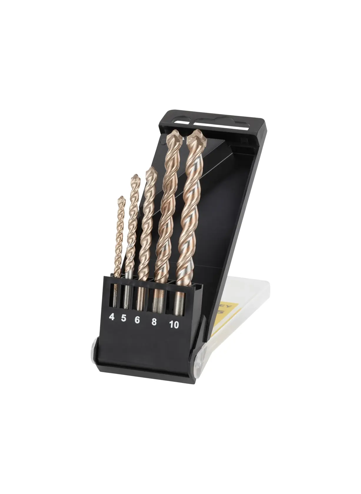 STANLEY STA56099 drill bit set with five spiral bits in black case, front angle photo.