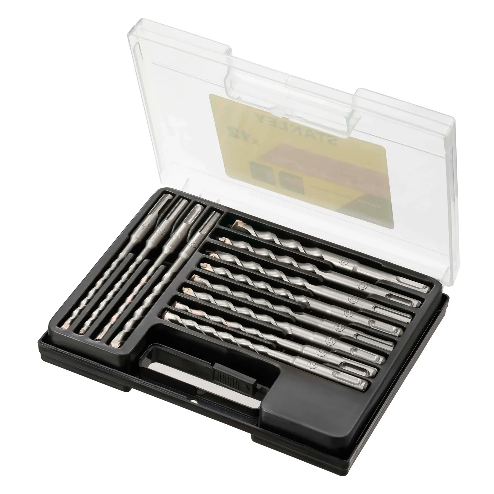 STANLEY STA56119 drill bit set with black case, 12 metal bits of varying sizes, angled product photo.