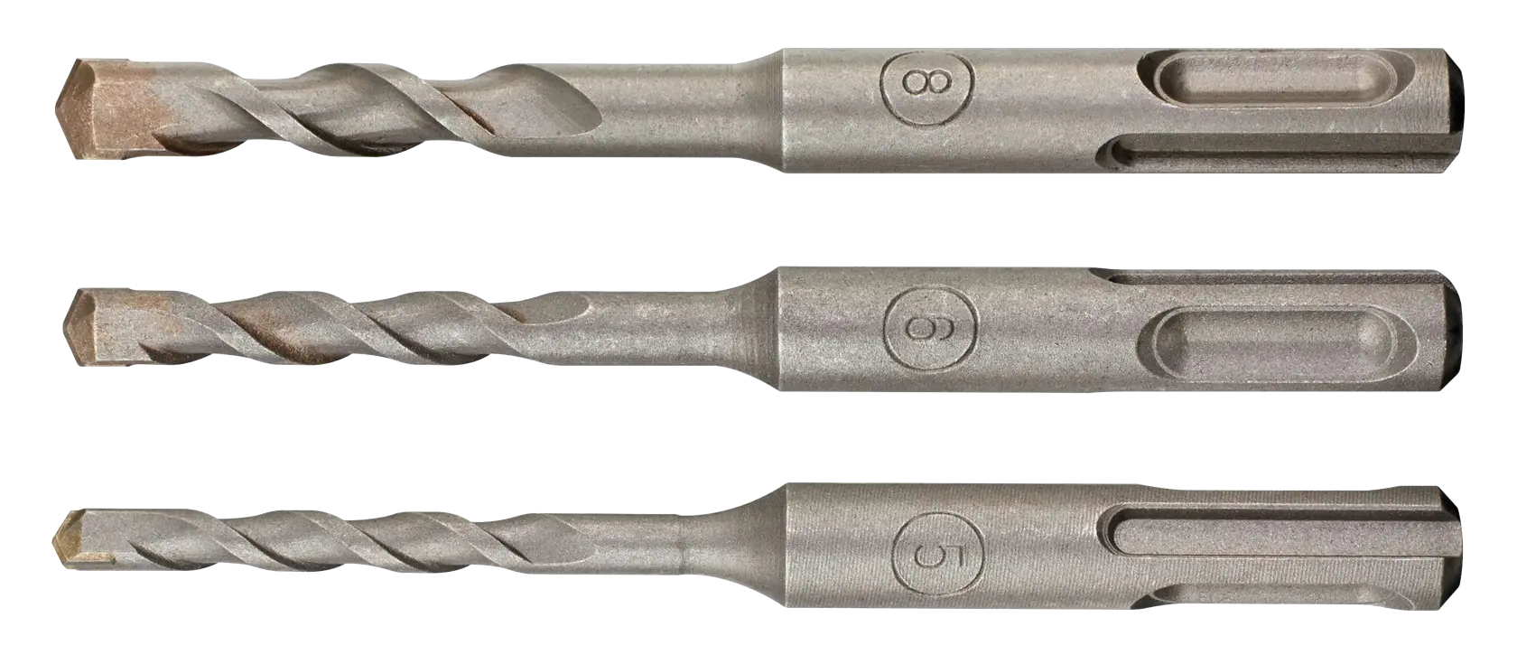 Stanley STA56120 three SDS drill bits set, silver, side angle on white background.