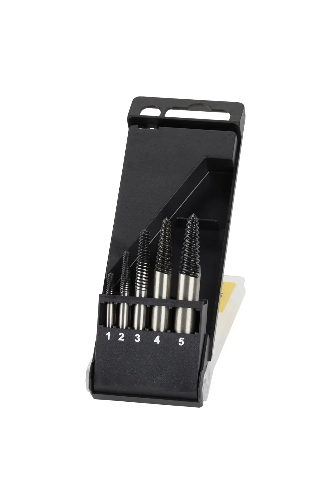 STANLEY STA57000 screw extractor set with five metal extractors in black plastic case, front angle.