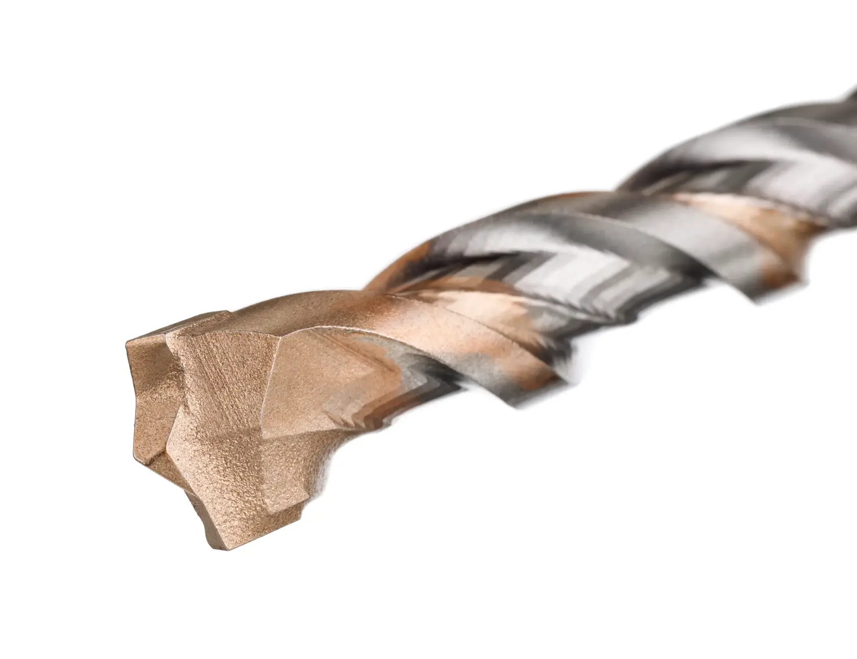STANLEY STA58553 masonry drill bit close-up, silver and bronze, spiral flute, detailed tip, white background.