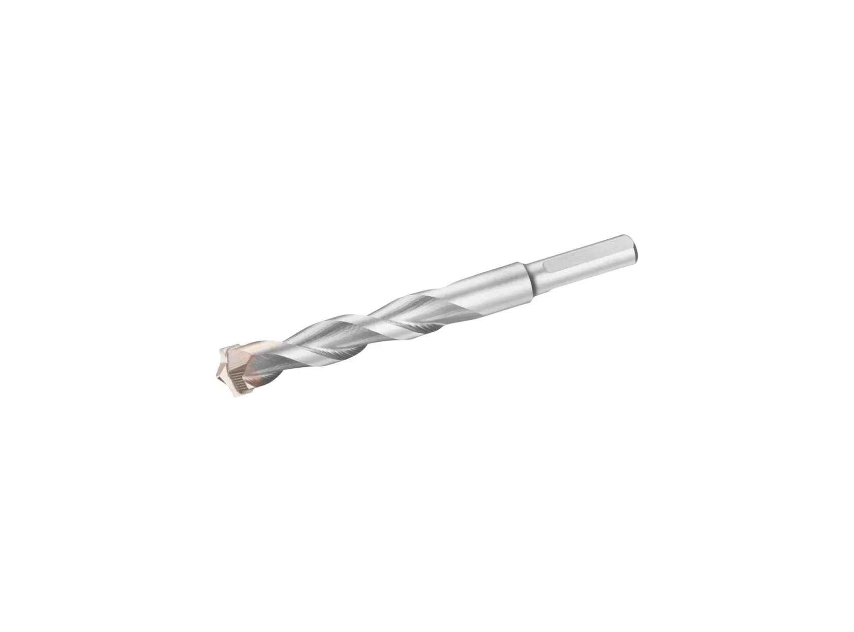 Photo of STANLEY STA58608 silver masonry drill bit, side angle, with hex shank and spiral flutes.