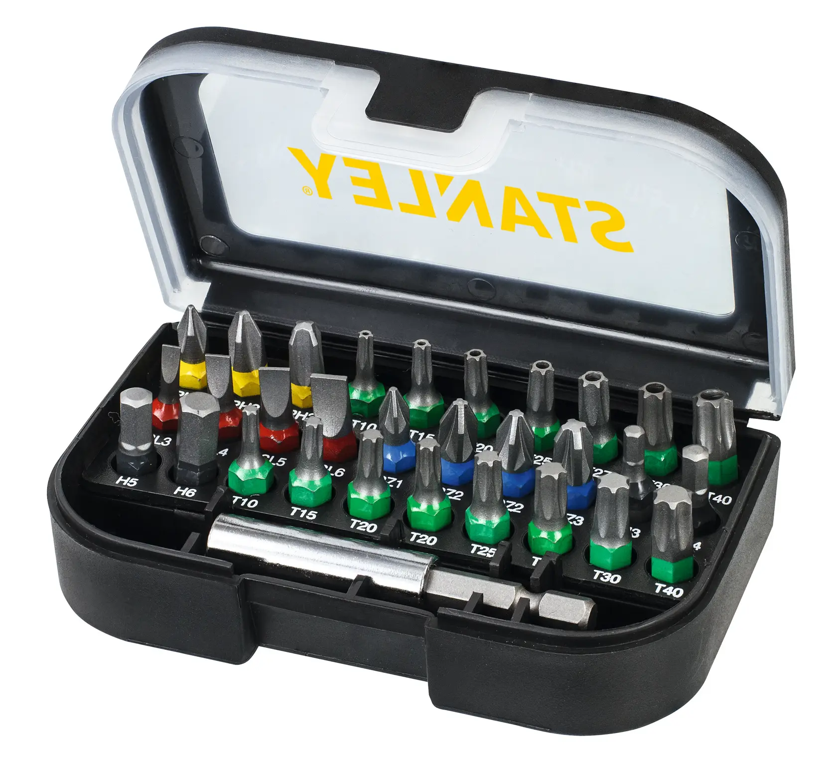 STANLEY STA60490 bit set in black plastic case, assorted colored bits, angled photo with open lid.