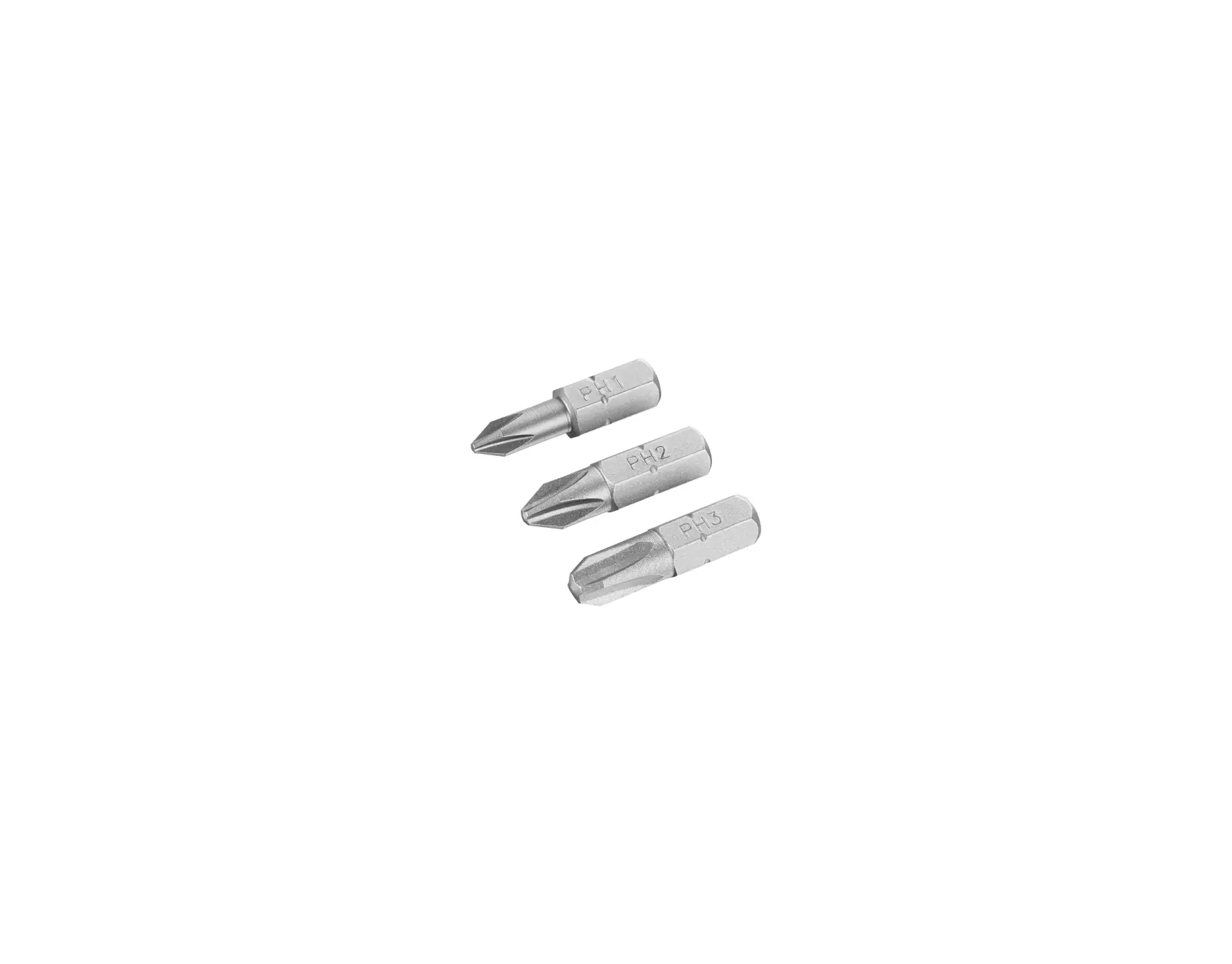 STANLEY STA61023 set of three silver Phillips screwdriver bits, white background, front angle.