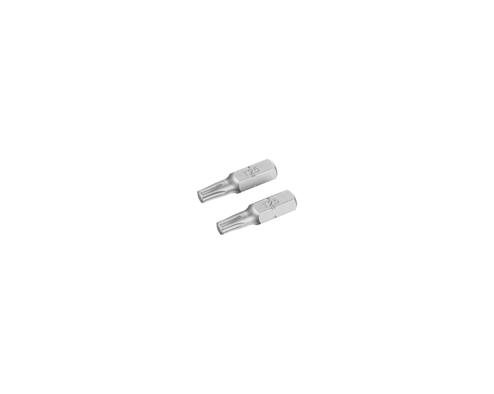 Photo of two STANLEY STA61063 silver Torx screwdriver bits, side view, on white background, hand tool accessory.