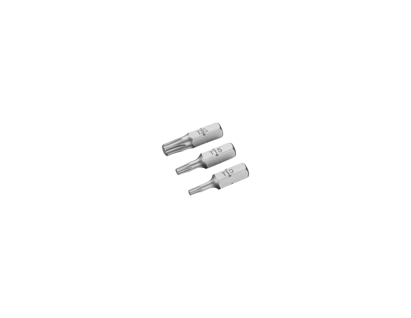 STANLEY STA61066 set of three silver Torx screwdriver bits, photography of bits on white background, angled view.