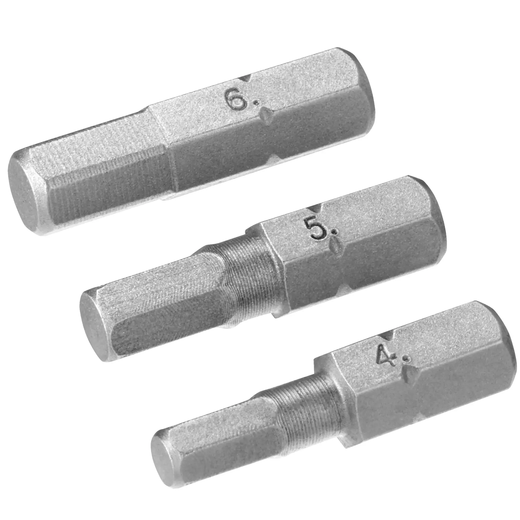 Three hex socket bits labeled 4, 5 and 6 in silver color, for use with screwdrivers or power tools.