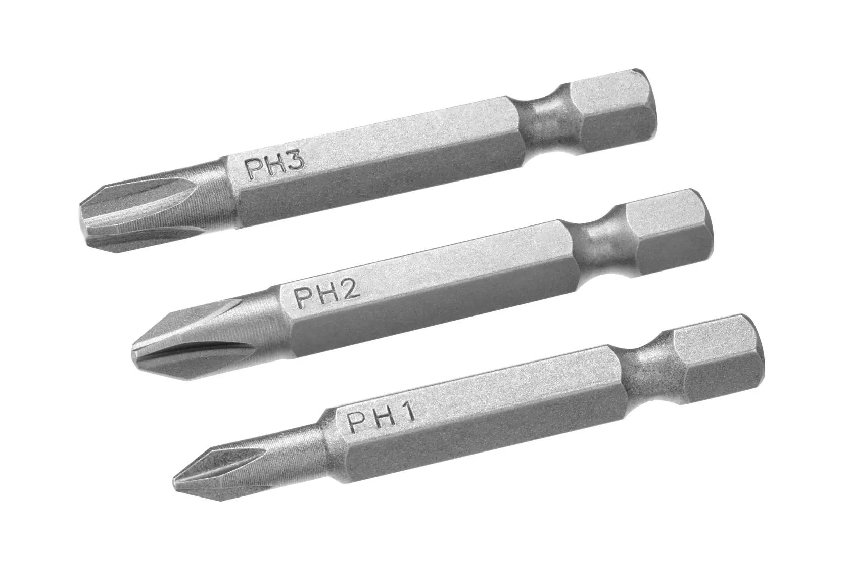 STANLEY STA61160 set of three Phillips screwdriver bits, sizes PH1, PH2, PH3, angled on white background.